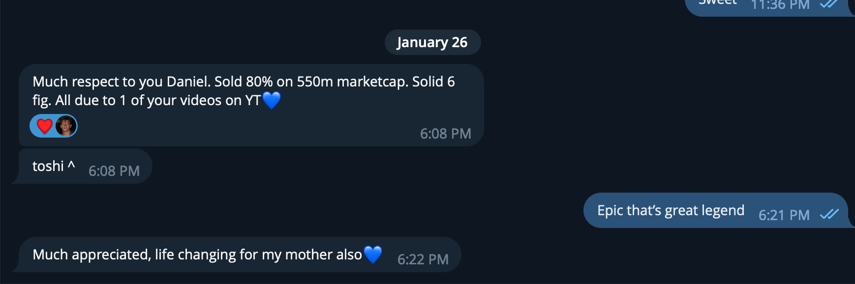 Screenshot of a digital messaging conversation with blue and gray chat bubbles, containing text about stock trading performance, personal appreciation, and casual conversation, on a dark background.