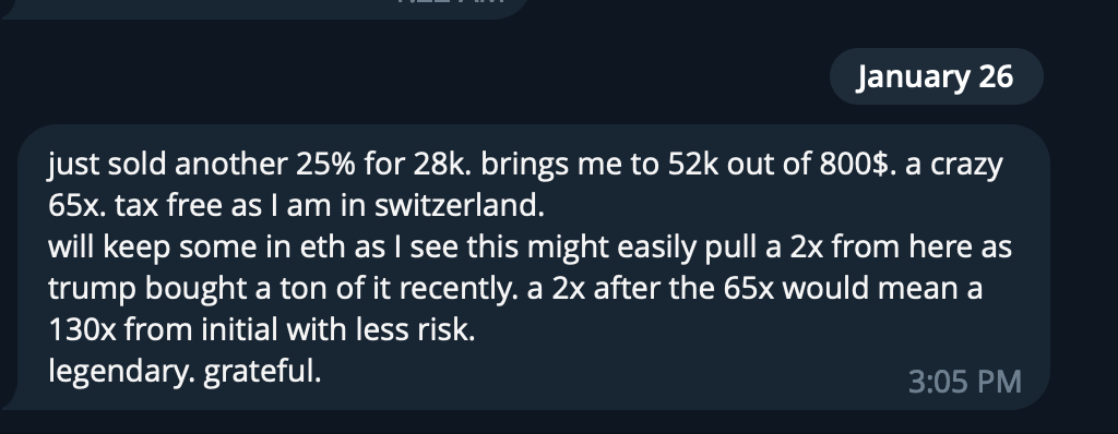 Screenshot of a chat message discussing recent stock market transactions, including selling stocks and keeping some in Ethereum.