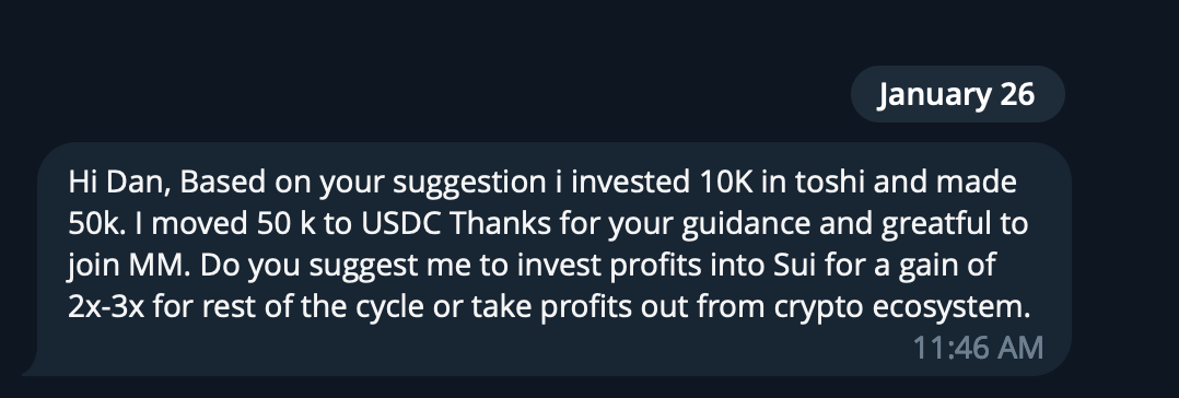 Screenshot of a WhatsApp message discussing investment decisions, mentions investing in Toshi, USDC, and Sui crypto, and seeking advice on profits and crypto ecosystem strategies.