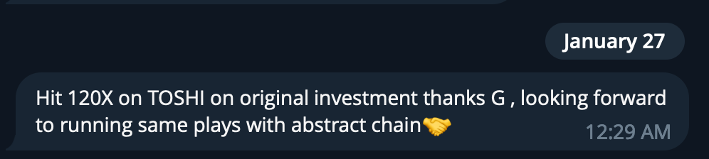 Screenshot of a chat message from January 27 at 12:29 AM about hitting 120x on TOSHI on original investment, with a handshake emoji.