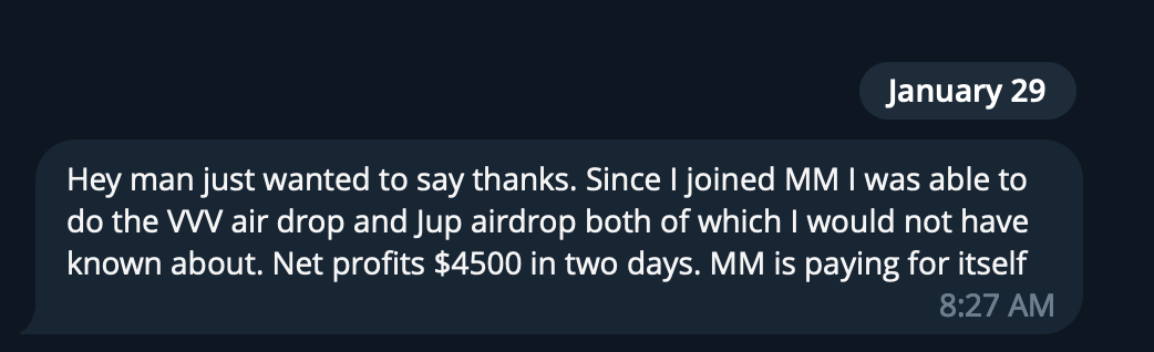 Messaging app screenshot showing a message about successful air drops and profits.