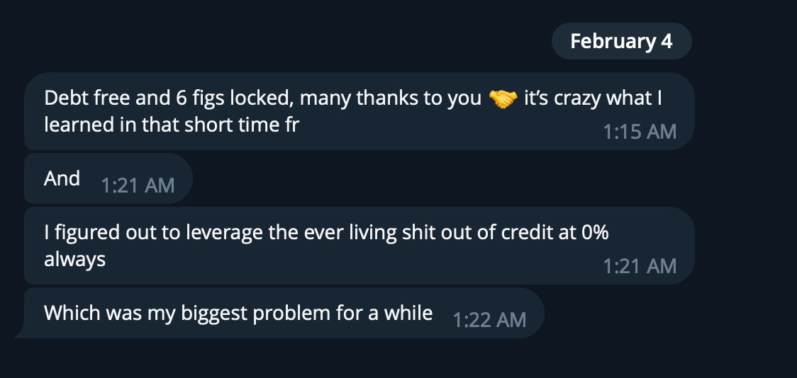 A dark-themed chat conversation showing multiple messages about achieving debt-free status and leveraging credit to improve financial situation, with timestamps and a handshake emoji.