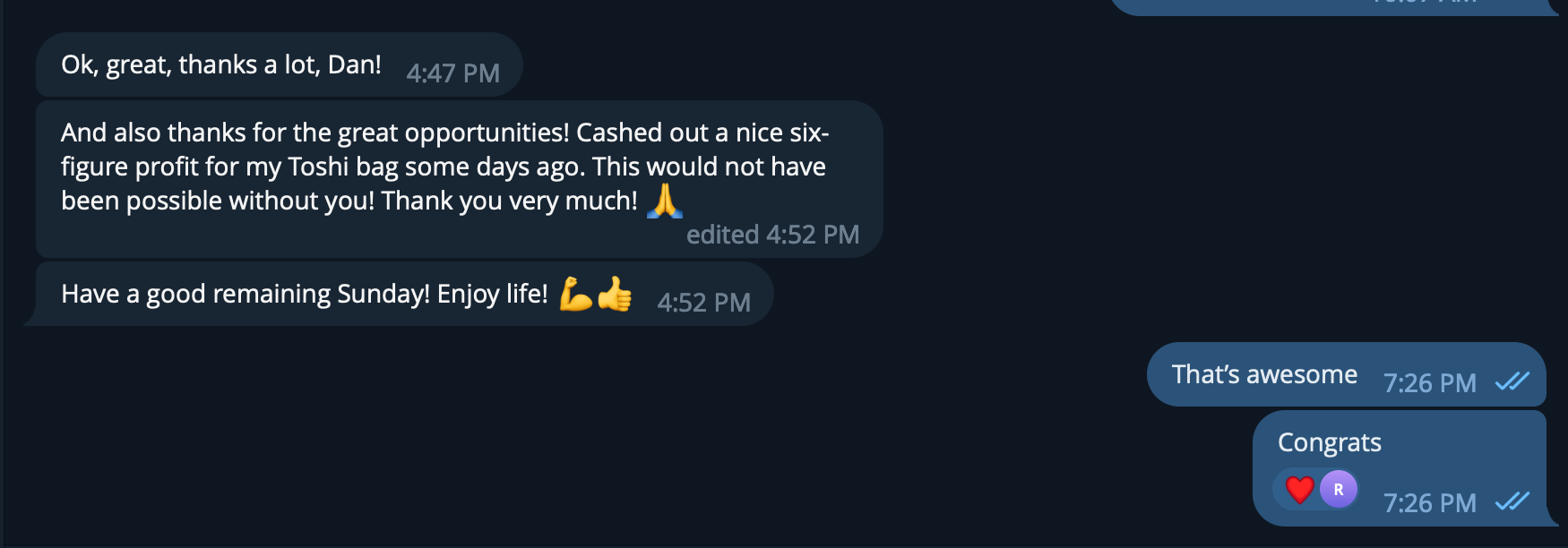 A screenshot of a WhatsApp conversation between two people discussing work achievements and congratulating each other, with one message containing a heart emoji and a purple circle with the letter R.