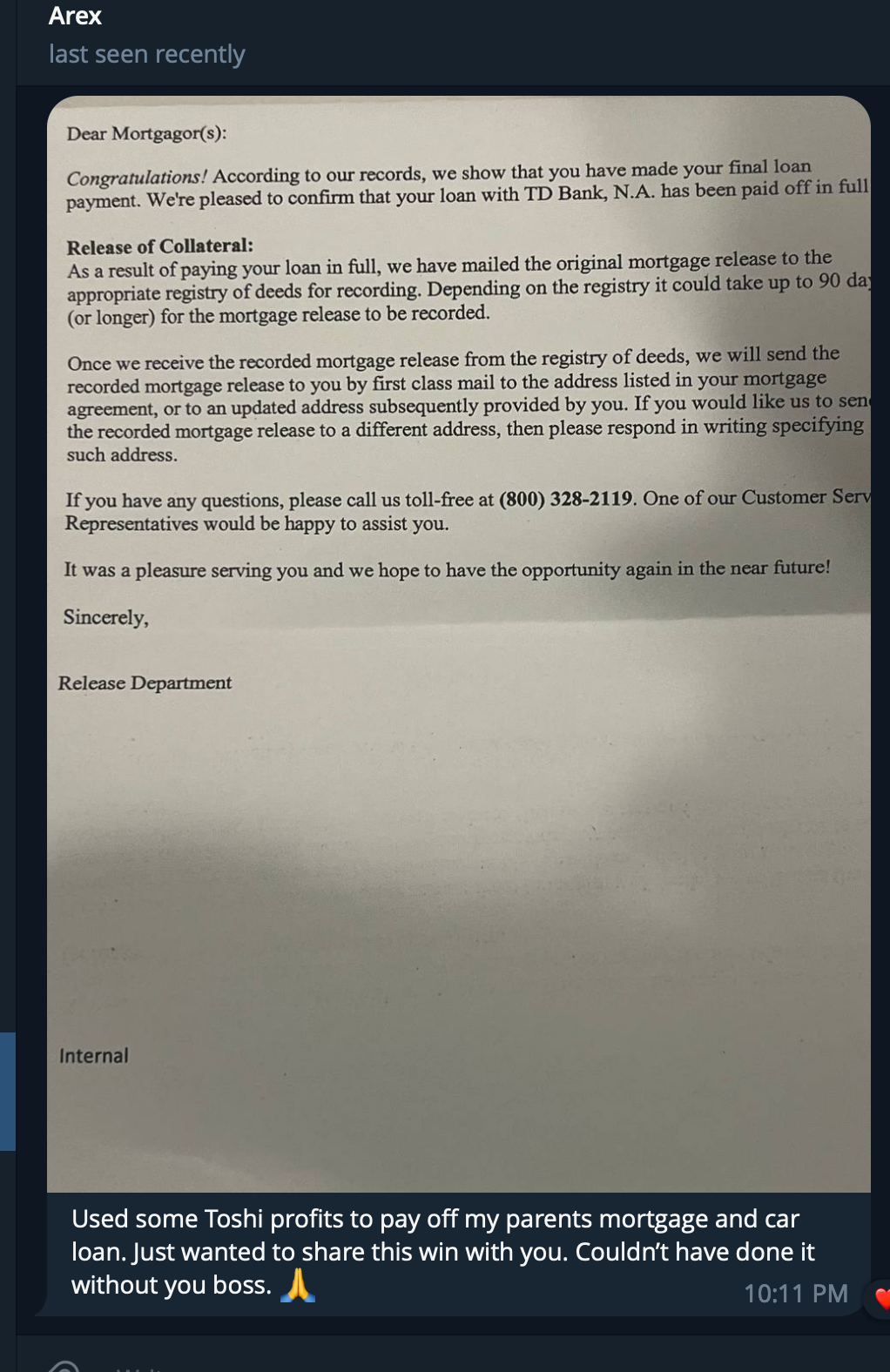 A letter regarding the finalization of a mortgage loan, including details about the release of collateral and contact information. A message below the letter states that someone used profits to pay off their parents' mortgage and car loan, sharing th