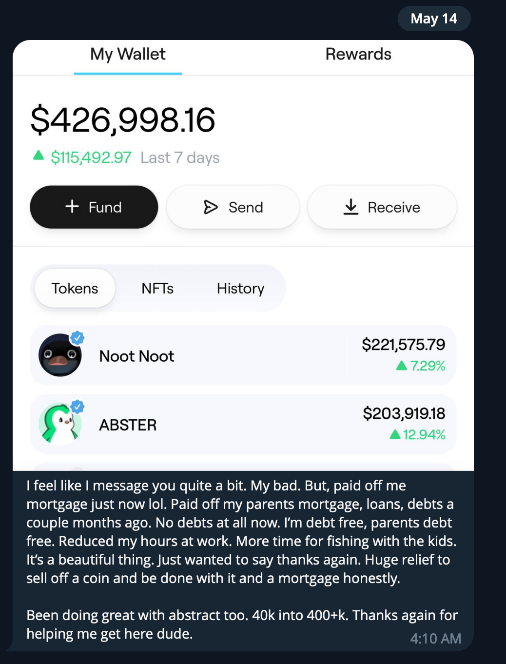 Screenshot of a digital wallet showing a balance of $426,998.16, with options to fund, send, or receive, and displaying cryptocurrencies Noot Noot and ABSTER with their respective values and percentage increases. A message detailing personal financia