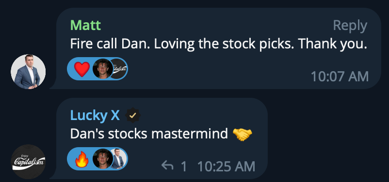 Screenshot of a text conversation between two people, Matt and Lucky X, discussing stock picks. Matt uses a red heart and a profile picture of a man with a suit. Lucky X responds with a fire emoji, a handshake emoji, and his profile picture, stating 