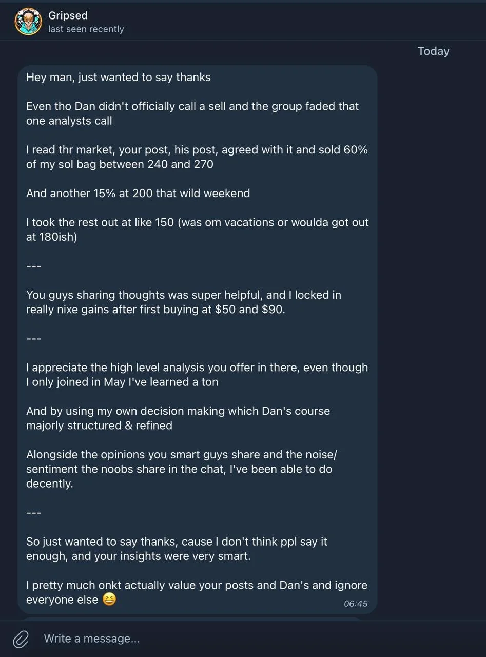 Screenshot of a messaging app conversation thanking someone for helpful insights on stock market analysis.