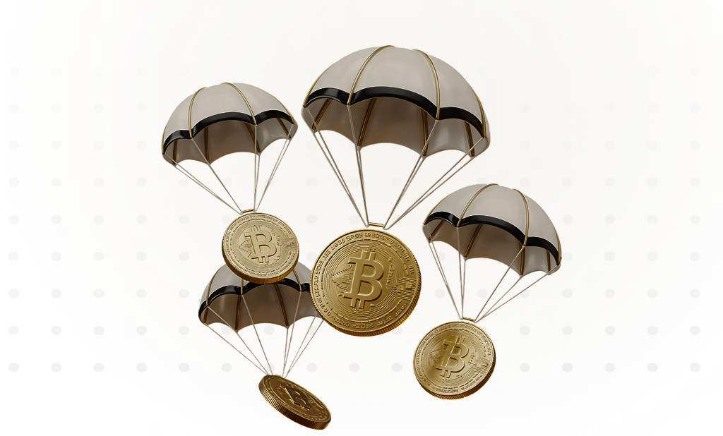 Bitcoin coins with parachutes descending against a rainbow-colored background.