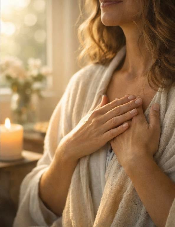 Una mujer con cabello castaño claro, colocándose las manos sobre el pecho en un ambiente acogedor con luz cálida y una vela encendida en el fondo.