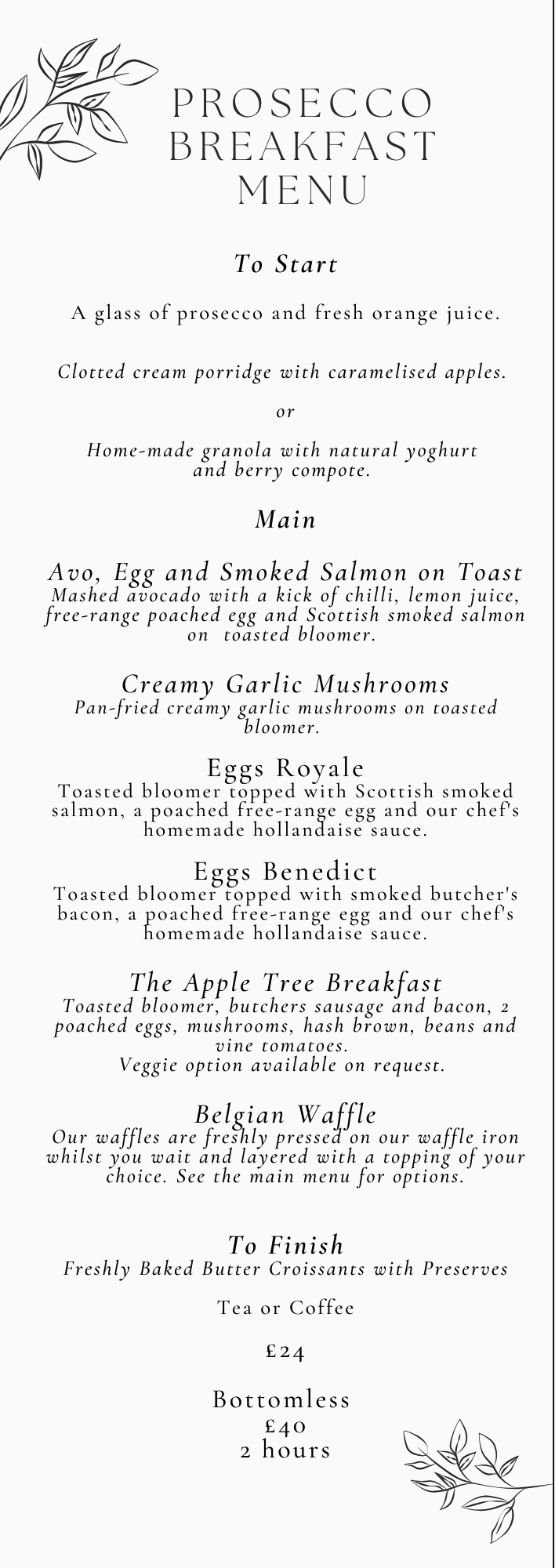 Prosecco Breakfast Menu — The Apple Tree Gift Shop and Teahouse