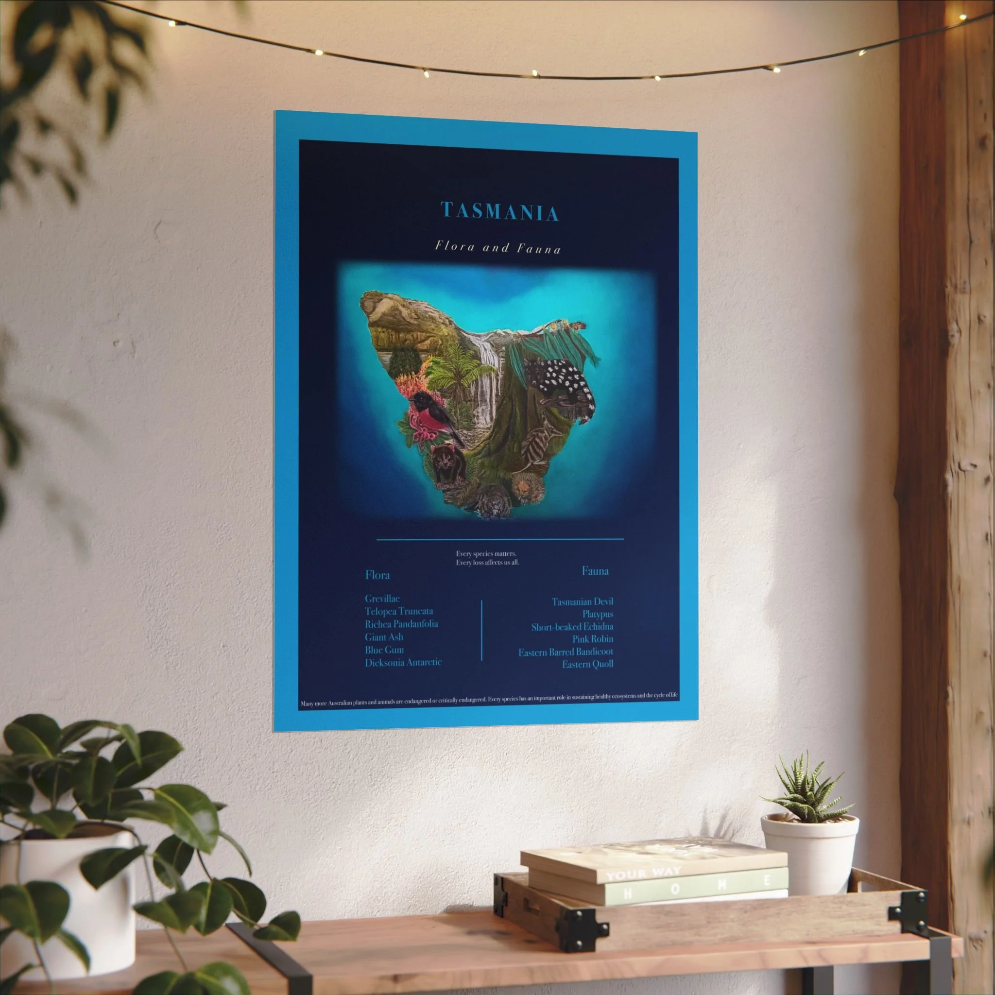 Australia state of Tasmania Flora and Fauna Map Matte Poster — Textured Watercolor Endangered species of Tasmania,Art Print