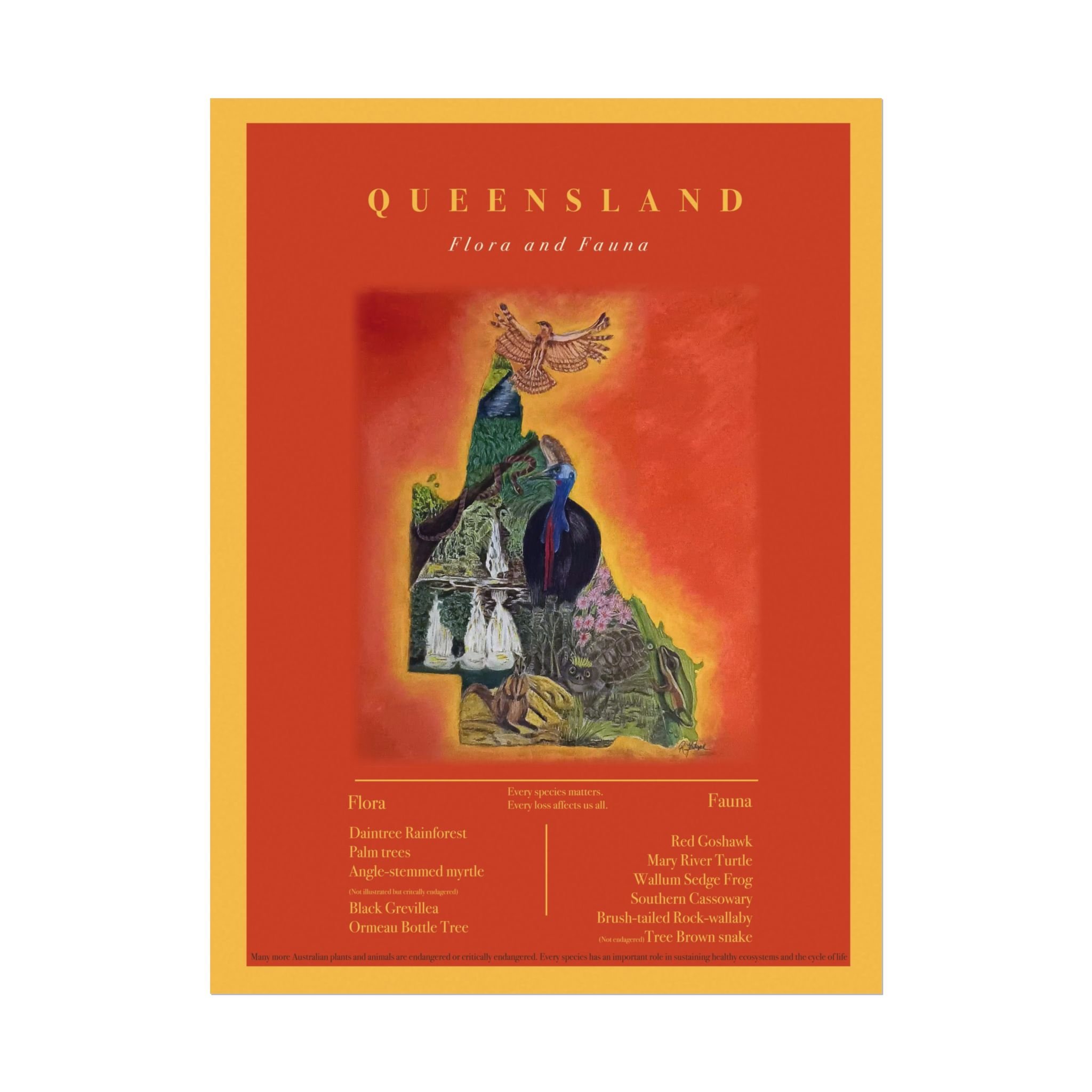 Australia Queensland Flora and Fauna Watercolor Travel Poster - Textured Matte Art Print
