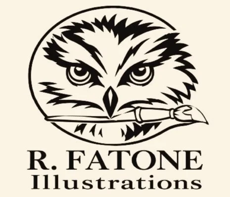 The logo features a powerful owl holding a paintbrush in its beak, with the text "R. FATONE Illustrations" below.