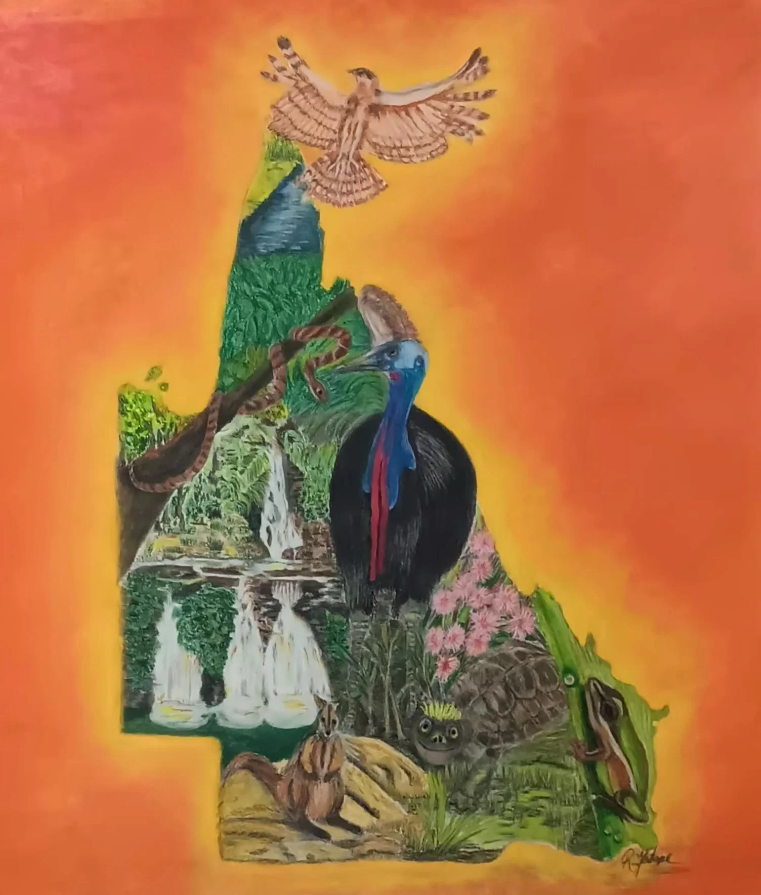 Queensland 2. Showing various endangered species of the State. Drawing created in soft Pastel on A2 Stonehenge paper