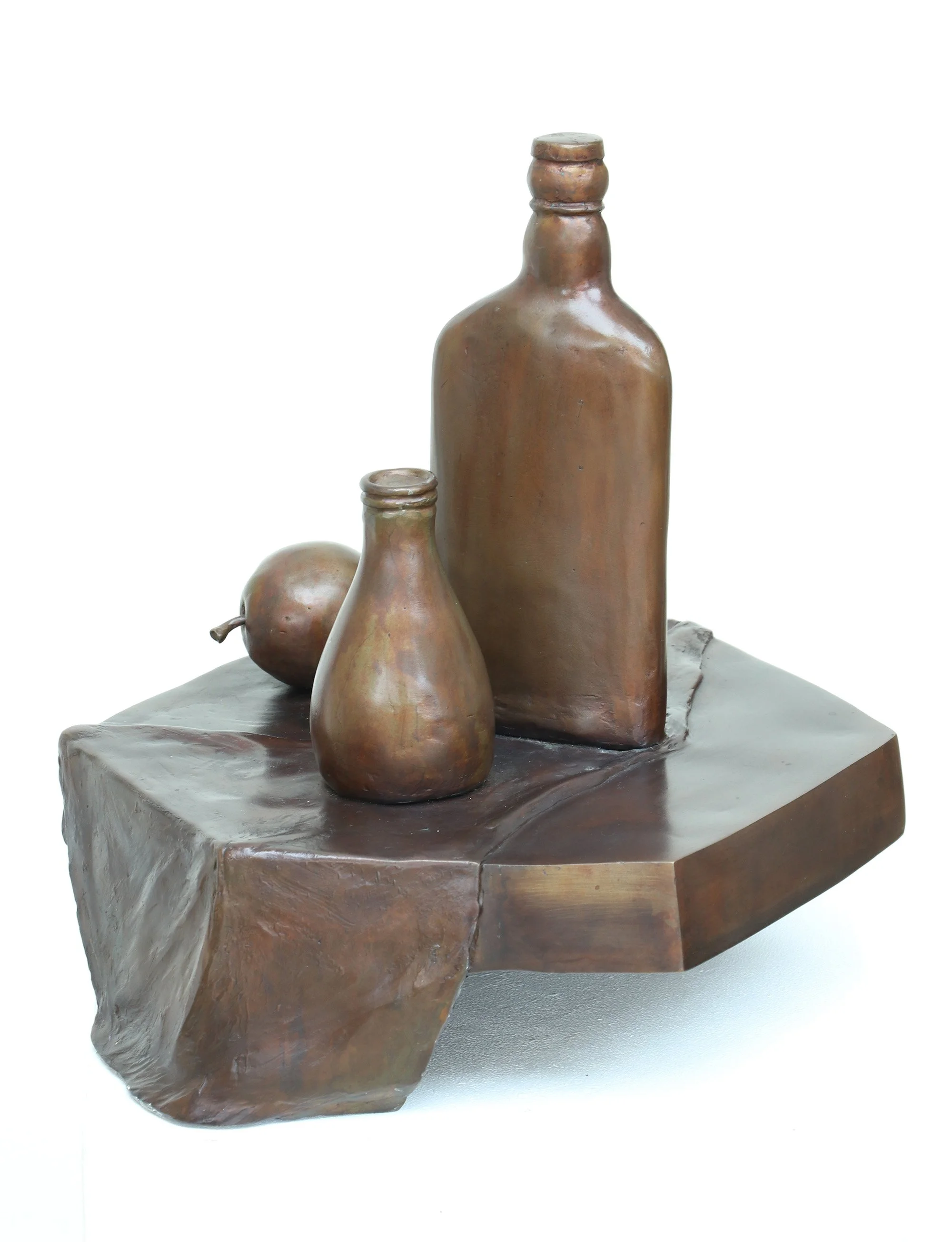 Still Life XI life size bronze sculpture bottles apple and cloth on hexagonal surface