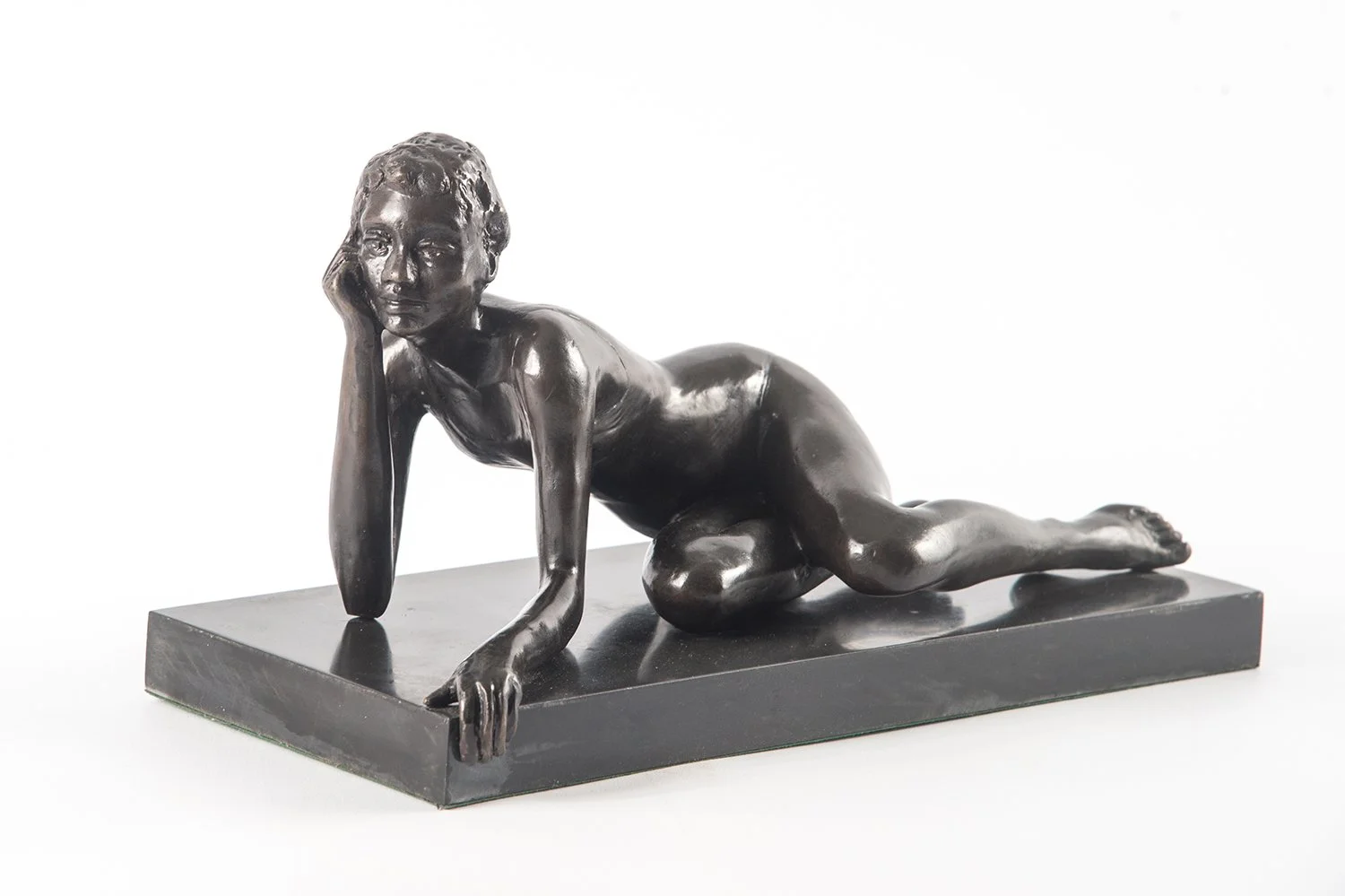 Reclining Figure Study I small bronze sculpture of female figure reclining side view