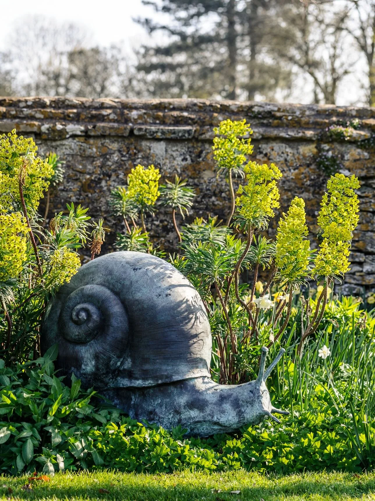 A majestic bronze snail by Lloyd Le Blanc, sitting in the spring sunshine in the gardens of @belmondlemanoir @raymondblanc