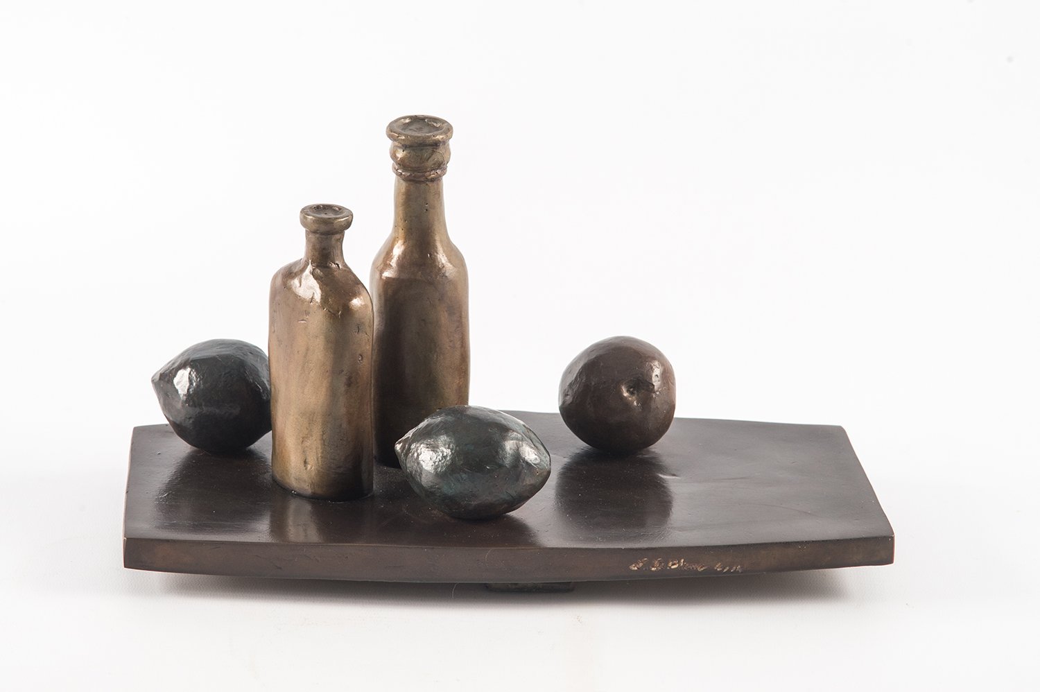 Still Life III life size bronze sculpture fruit and bottles back view