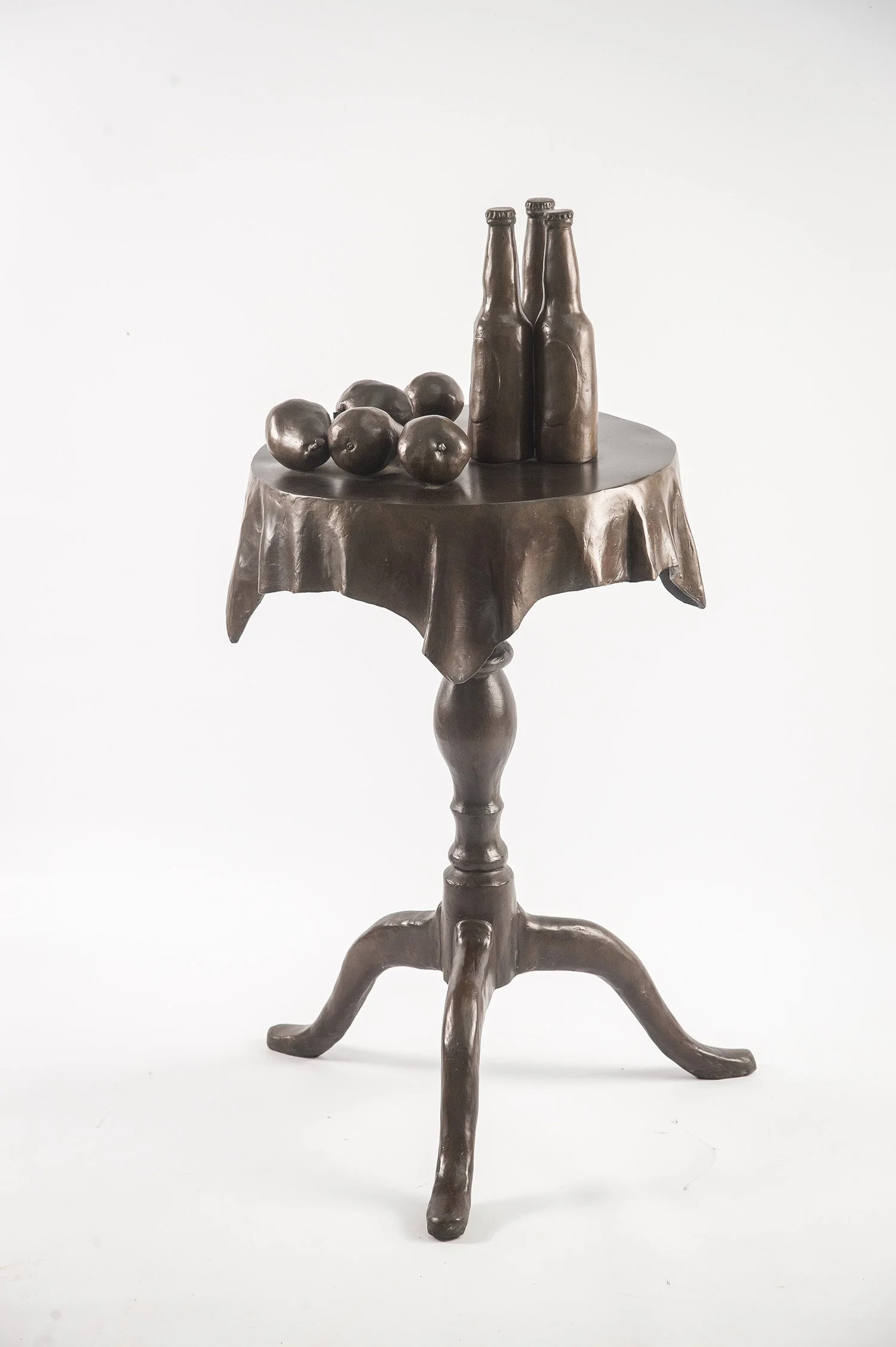 Still Life IX life size bronze sculpture table with cloth bottles and fruit