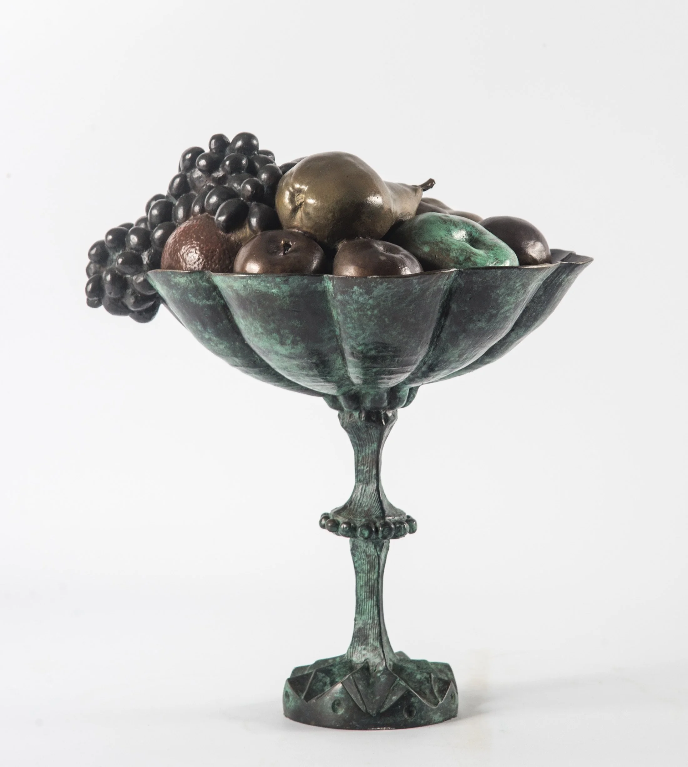 Fruit Bowl life size bronze sculpture decorative fruit bowl tall stem grapes pears oranges apples