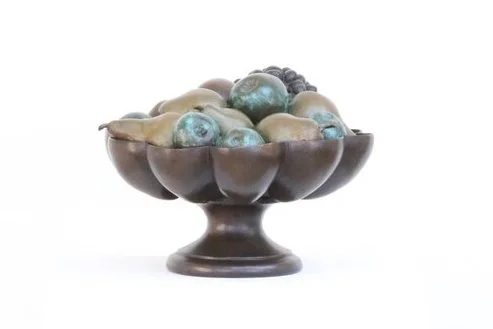 Dish of Fruit life size bronze sculpture dish of fruit apples grapes pears with coloured patinas