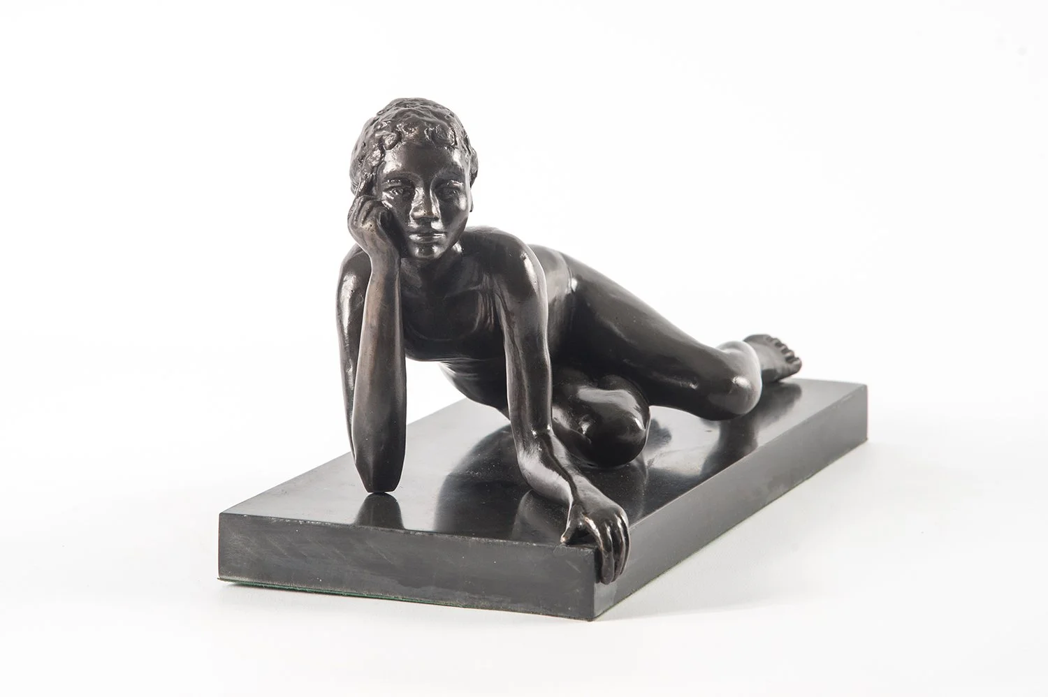 Reclining Figure Study I small bronze sculpture of female figure reclining front view