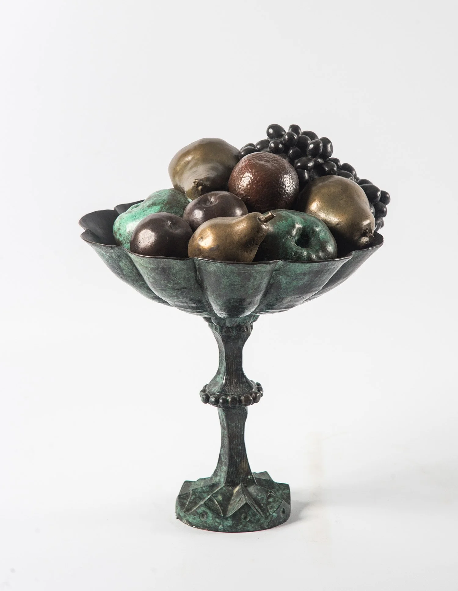 Fruit Bowl life size bronze sculpture decorative fruit bowl tall stem grapes pears oranges apples
