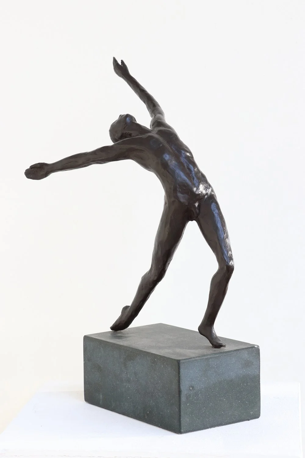 Study in Movement Male III small bronze sculpture male dancer figure in movement lunging forward with back bent and arched back