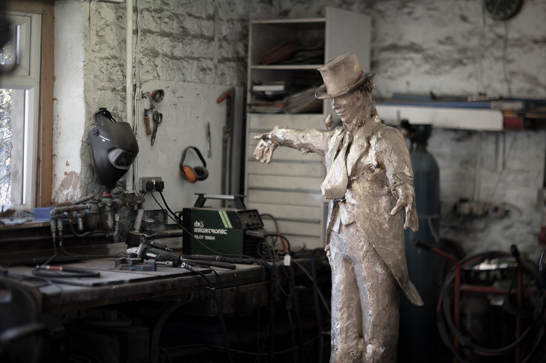 Scarecrow IV bronze sculpture in studio