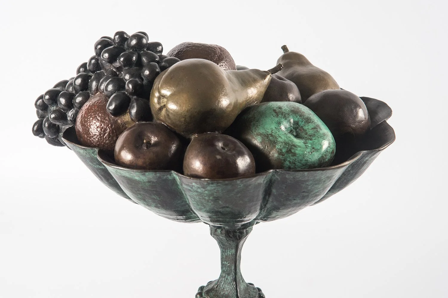 Fruit Bowl life size bronze sculpture decorative fruit bowl tall stem grapes pears oranges apples