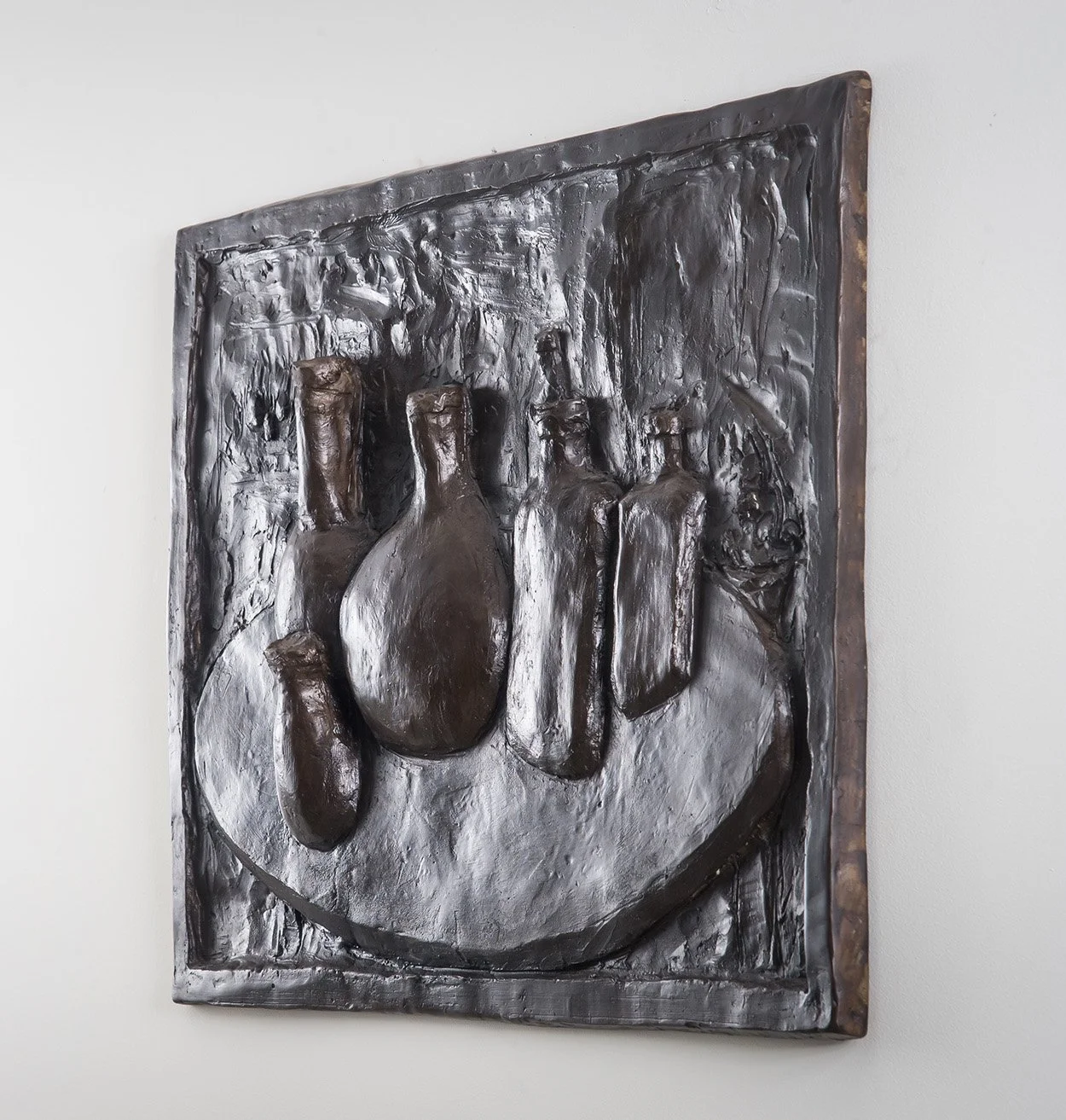 Still Life Relief III life size bronze relief sculpture of bottles