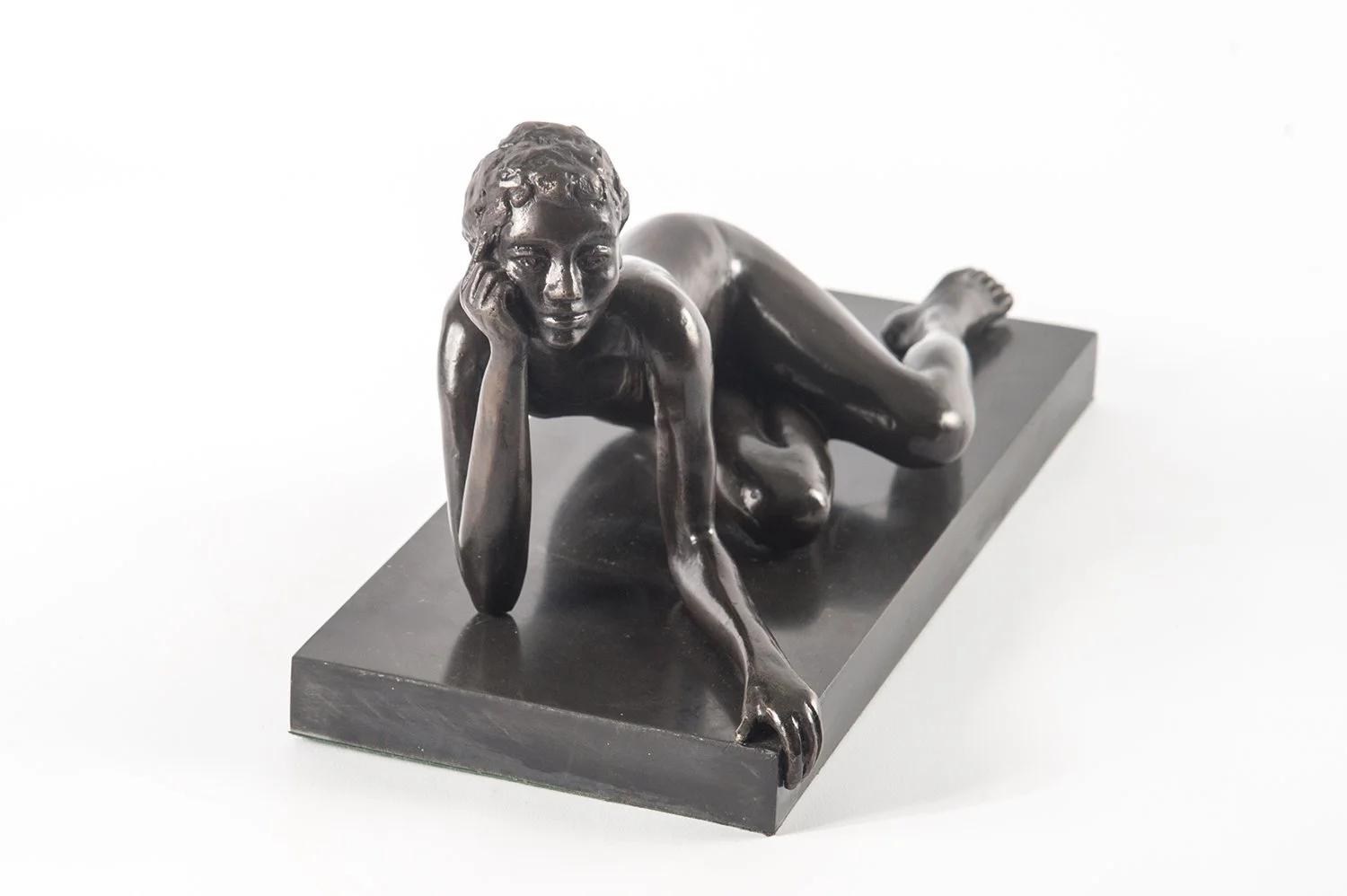Reclining Figure Study I small bronze sculpture of female figure reclining front view from above