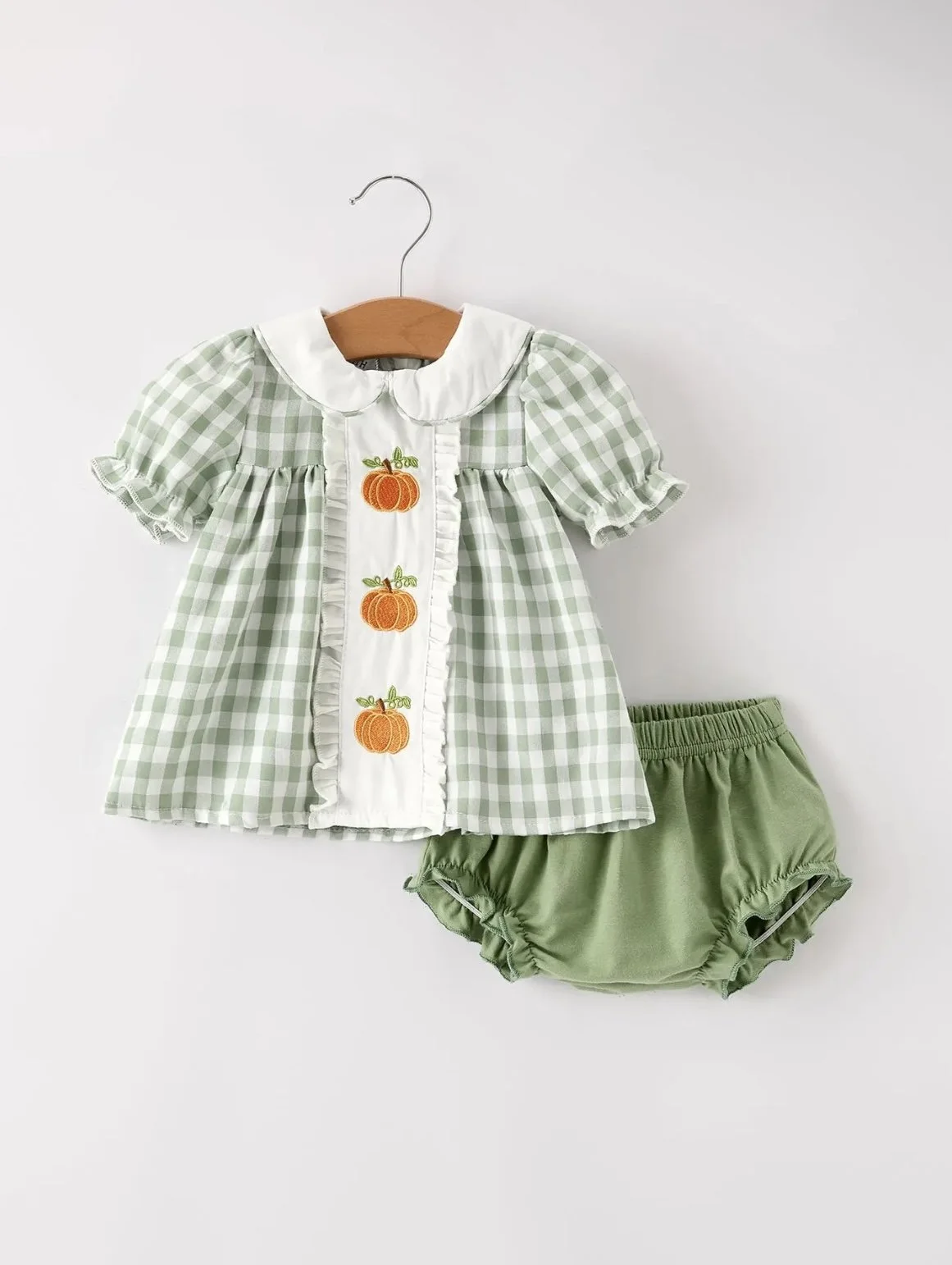 GREEN PLAID PUMPKIN ROMPER WITH BLOOMERS