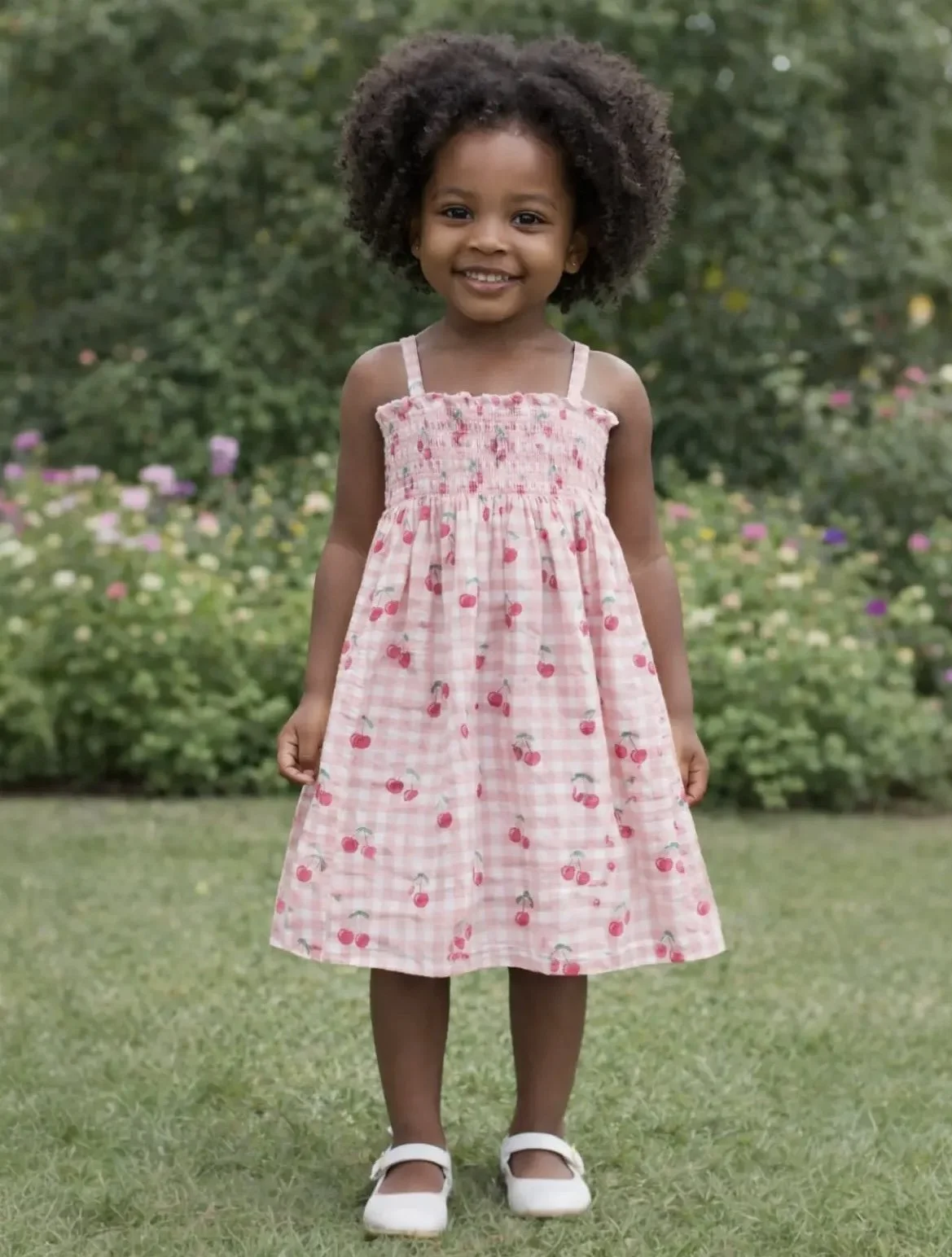 GINGHAM CHERRIES/MUSLIN SMOCKED DRESS