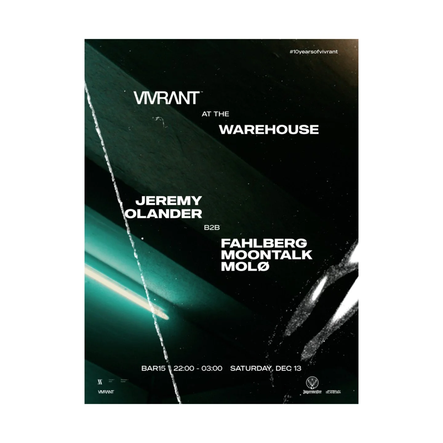 Vivrant announce its second and final 10 year anniversary at defunct warehouse space Bar15. The event will bring three individual B2B sets with Jeremy and recent collaborator Fahlberg, rising Uppsala duo Moontalk and label mainstay MOL&Oslash;.