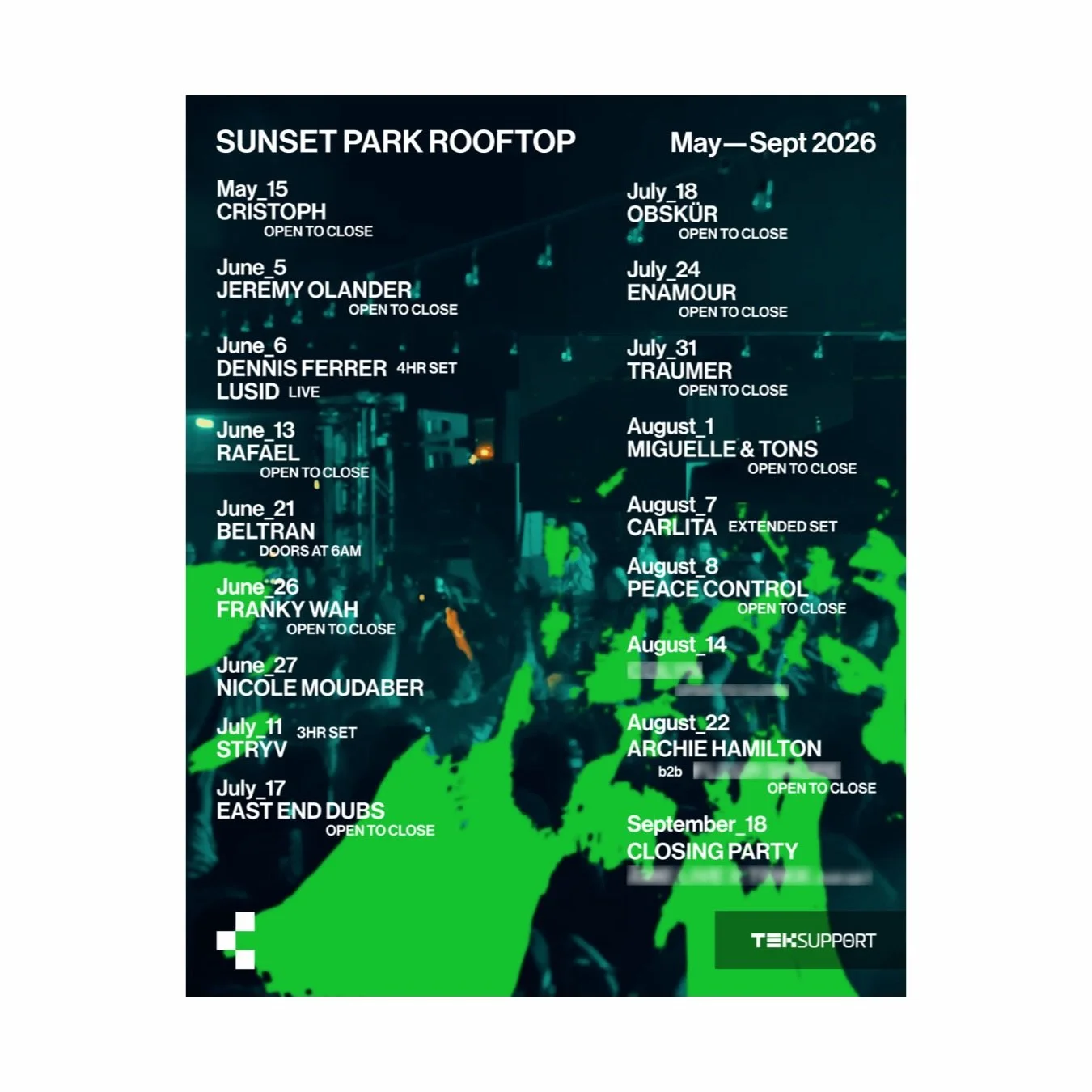 As a part of his When The Rain Falls album tour, @jeremyolander joins @teksupport&rsquo;s Sunset Park Rooftop series with an open to close show alongside @stryv, @traumer_music, @carlita and more.