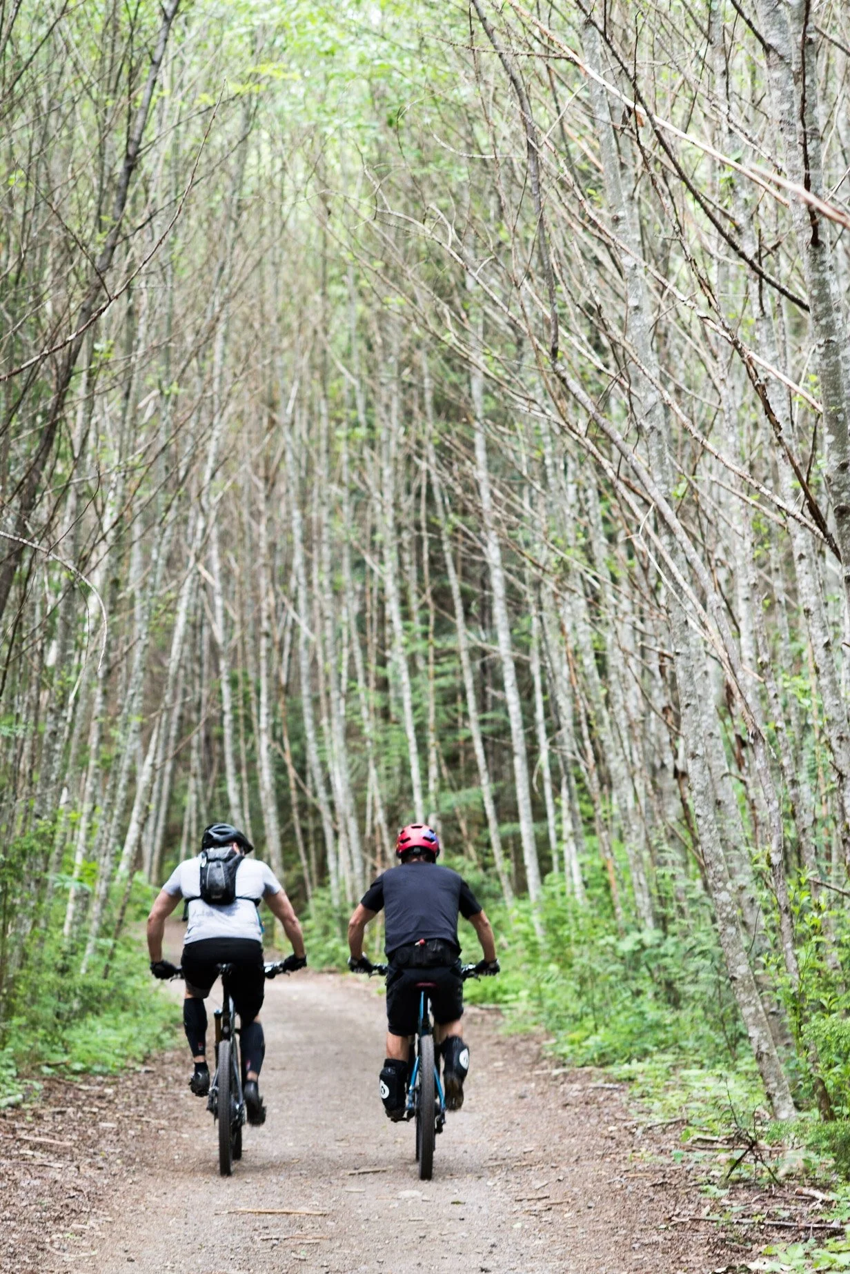 Two mountain bikers ride on a flat trail in Squamish, BC