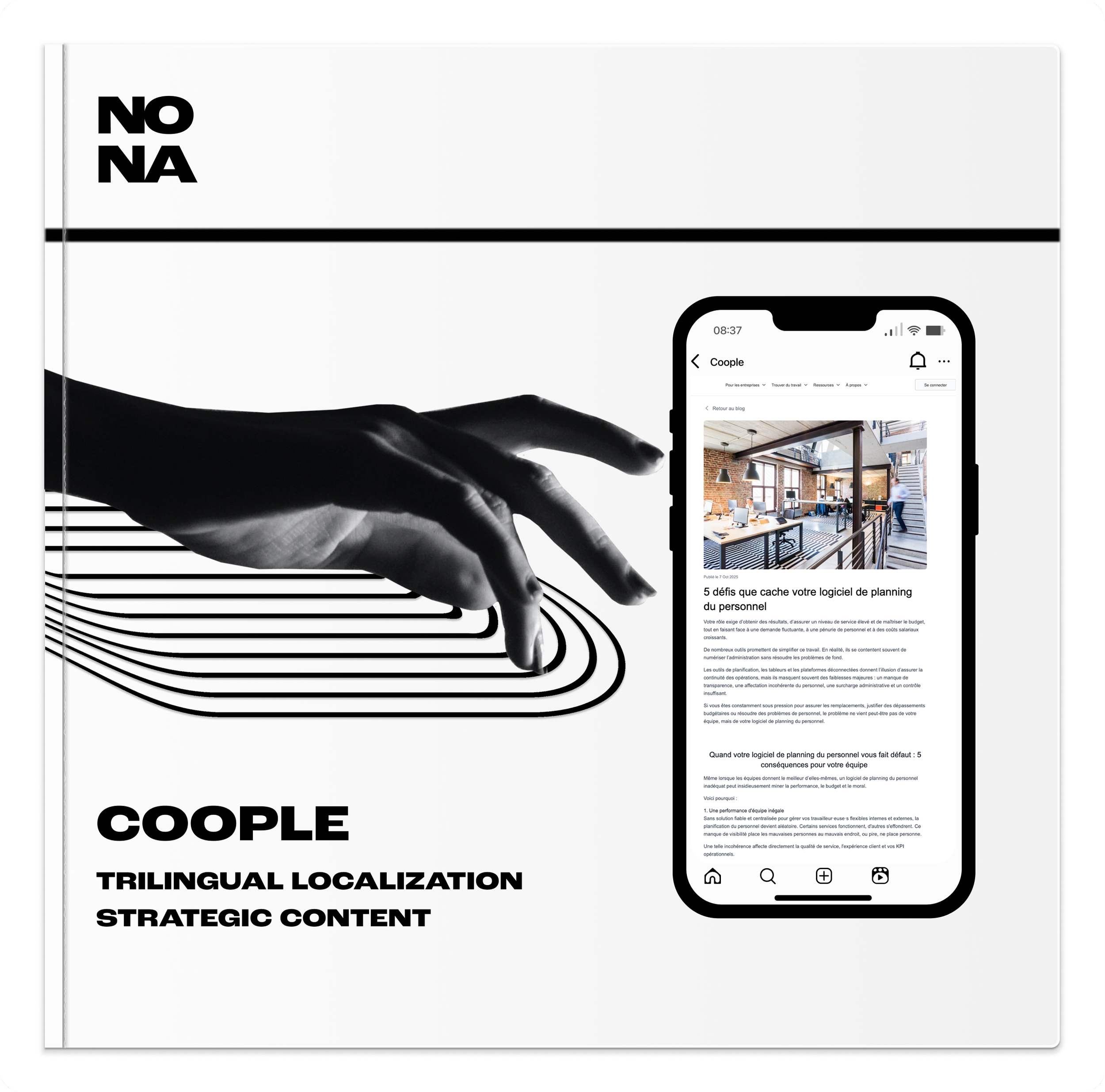 A black-and-white cover design featuring a hand with extended fingers touching abstract concentric lines, alongside an image of a smartphone displaying an interior office space. Text on the cover includes "NO NA," "COUPLE," "TRILINGUAL LOCALIZATION,"