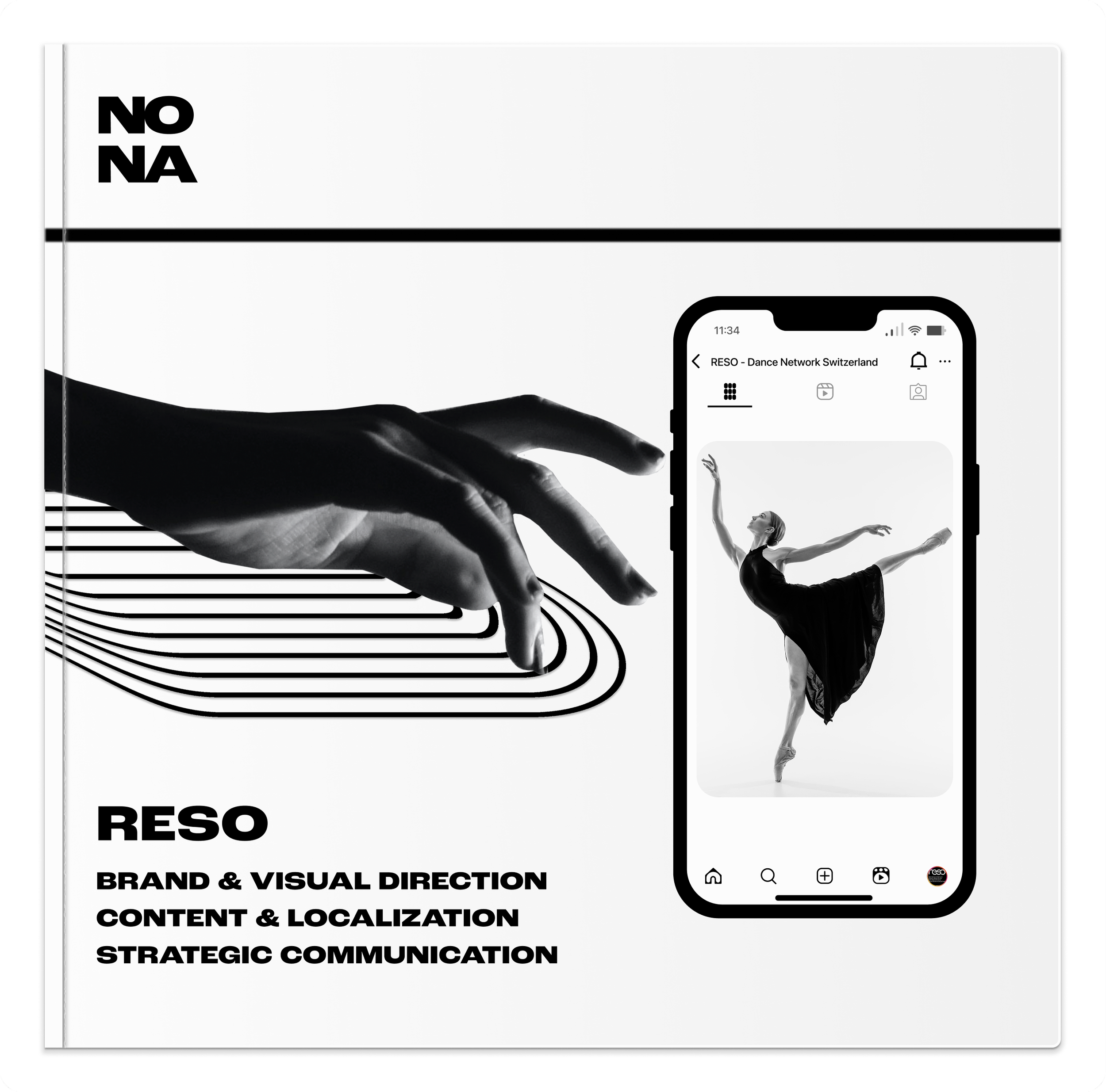 Black and white promotional graphic featuring a hand touching a smartphone screen displaying a ballerina. Text includes 'RESO,' 'BRAND & VISUAL DIRECTION,' 'CONTENT & LOCALIZATION,' and 'STRATEGIC COMMUNICATION.'