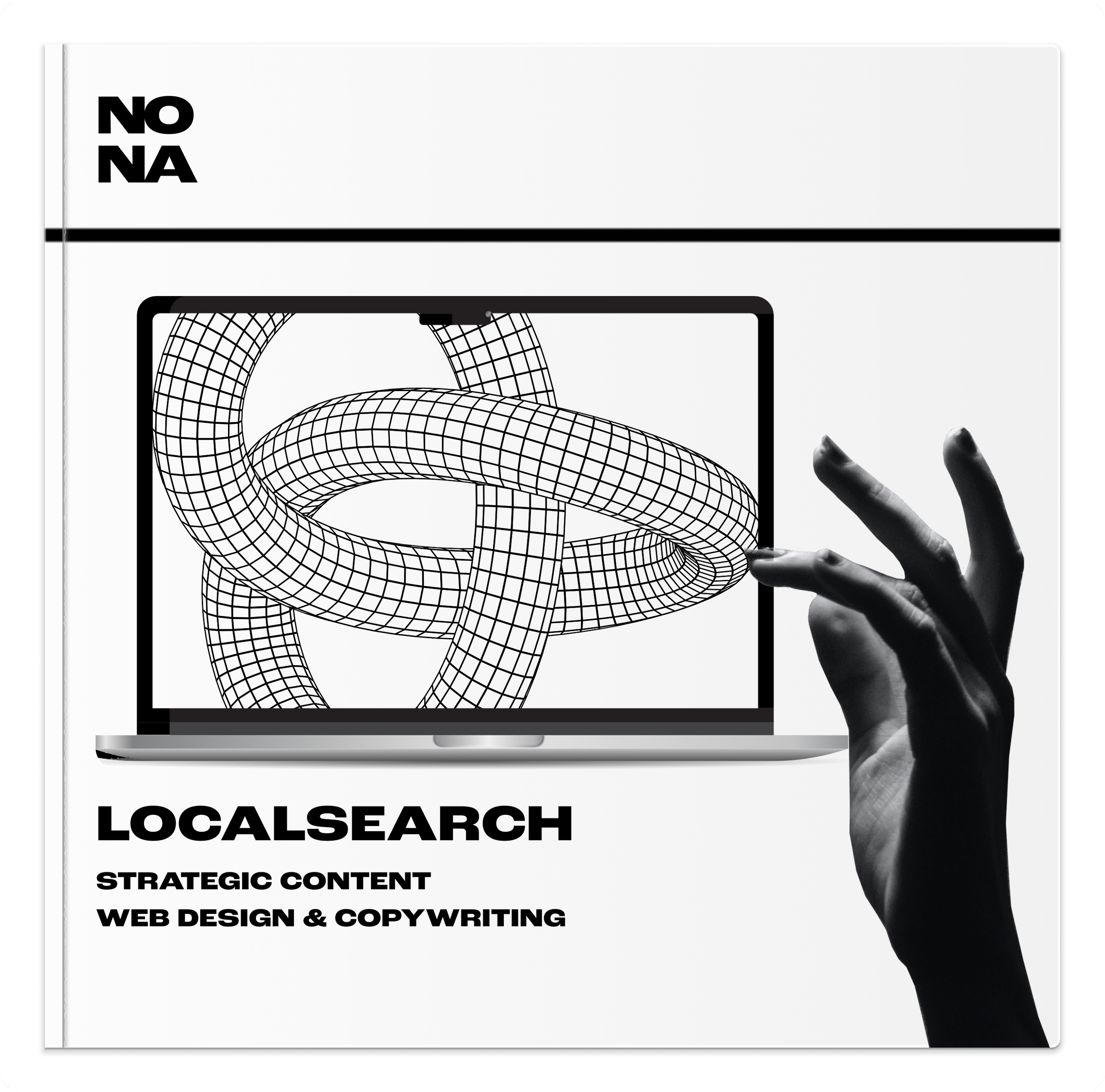 A black and white advertisement featuring a laptop displaying 3D wireframe torus shapes, with a hand reaching towards the screen. The text reads 'NOVA LOCALSEARCH' in bold, with additional text 'STRATEGIC CONTENT WEB DESIGN & COPYWRITING'.