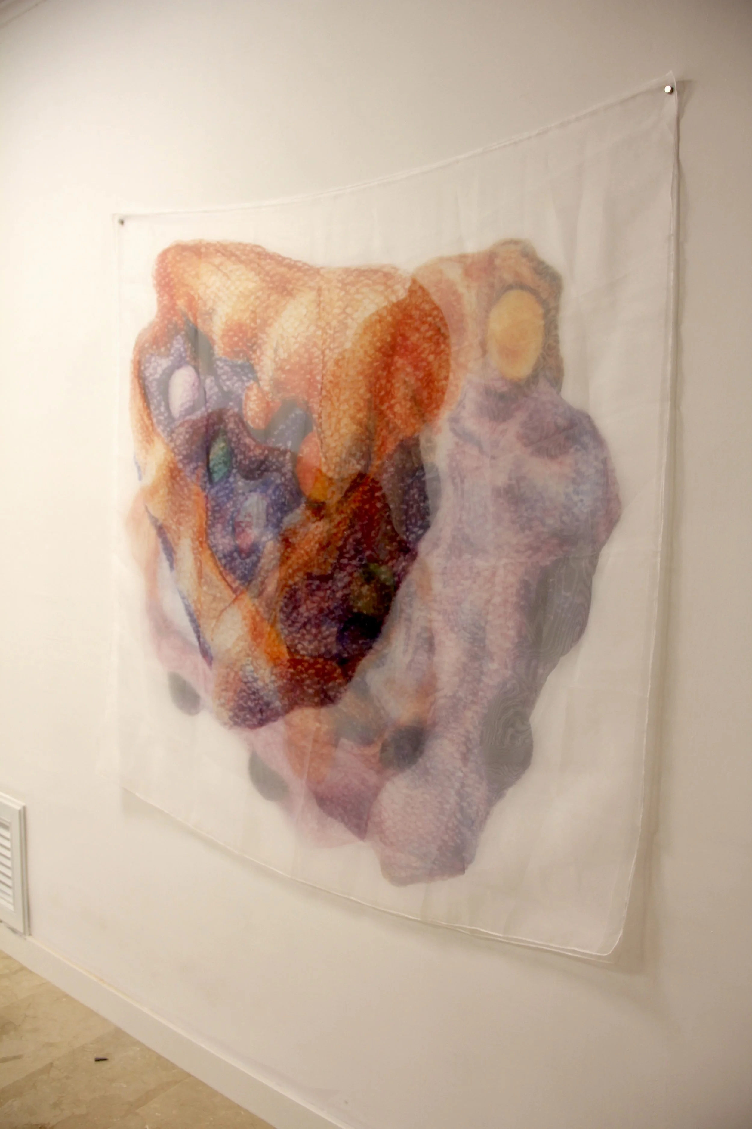 'Hold-Release III' (2025) 3 Digital prints on Organza with hand-stitched 3mil glass beads 139x139cm, displayed overlapping. Total dimensions: 139cm (h) x 240cm (w).