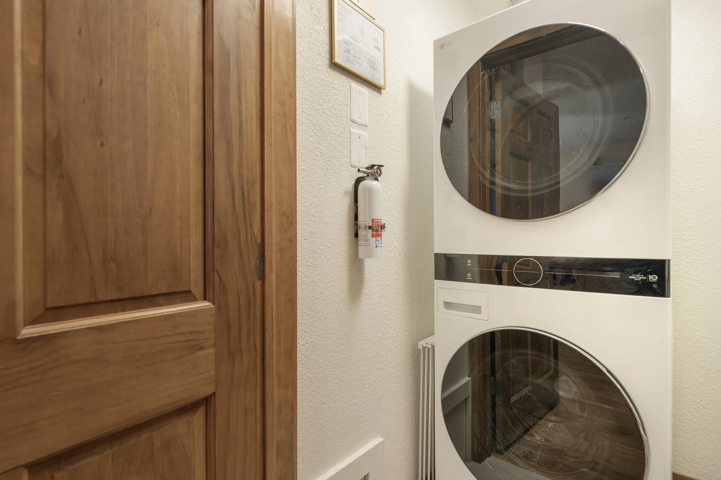An LG stackable washer / dryer is in the unit, so you can clean clothes as needed. Laundry soap is provided for your convenience.