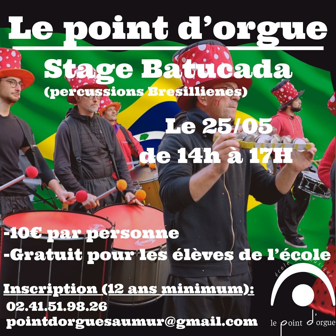 L&rsquo;&eacute;cole vous propose un stage d&eacute;couverte de Batucada.
#lepointdorgue #ecoledemusique #musique #batucada  #stage #musique #lepointdorguesaumur #ecoledemusiquedesaumur #saumur