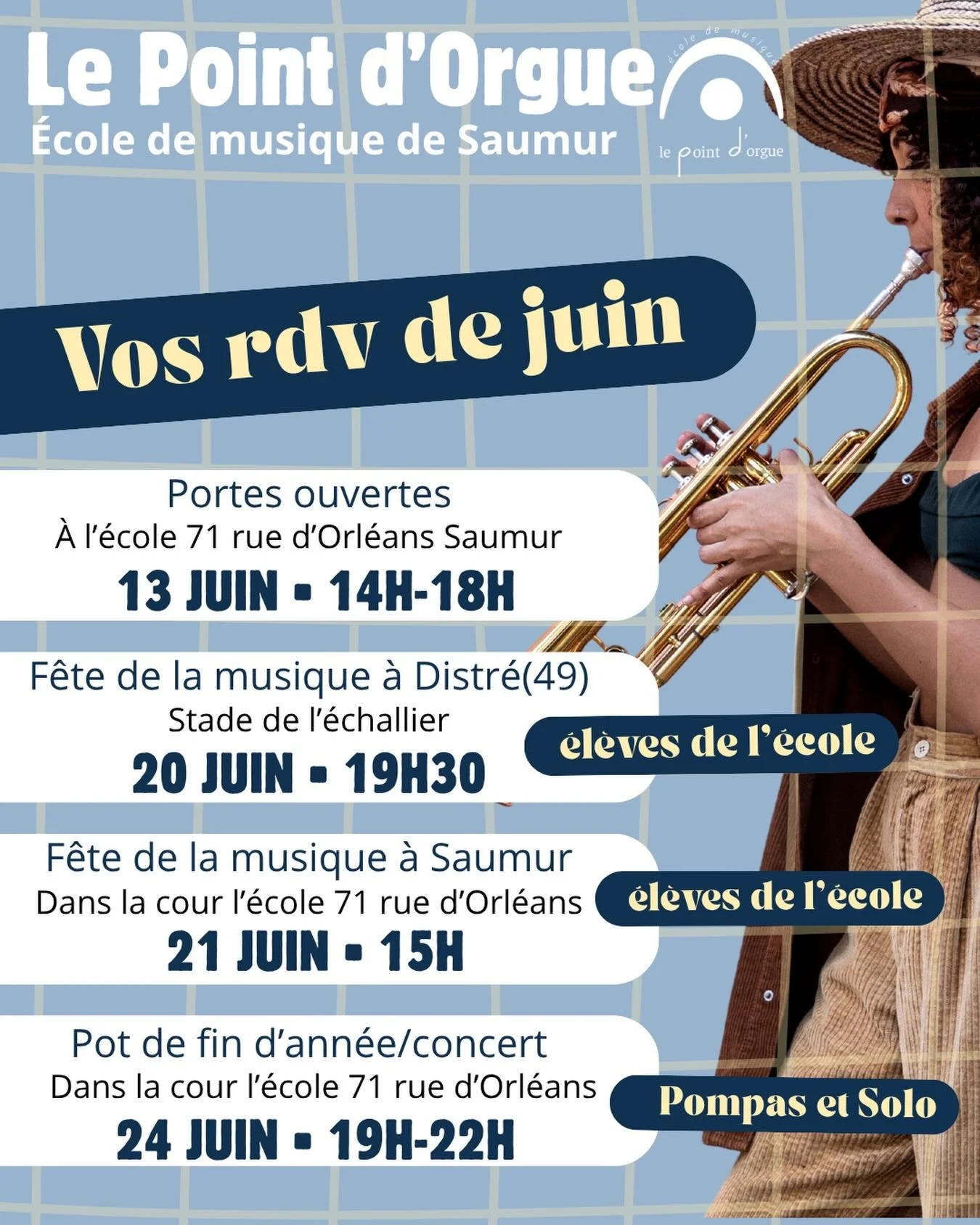Retrouvez-nous aux portes ouvertes de l&rsquo;&eacute;cole, aux deux f&ecirc;tes de la musique anim&eacute;es par les &eacute;l&egrave;ves et au pot de fin d&rsquo;ann&eacute;e avec Pompas et Solo.
#lepointdorguesaumur #ecoledemusiquesaumur #saumur #