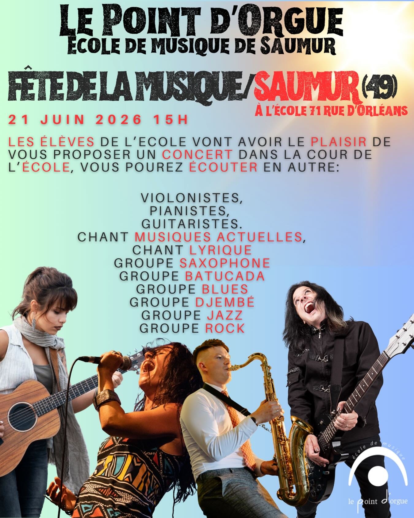 Venez &eacute;couter les &eacute;l&egrave;ves de l&rsquo;&eacute;cole pour la f&ecirc;te de la musique le 21 juin dans le cours de l&rsquo;&eacute;cole rue d&rsquo;Orl&eacute;ans &agrave; Saumur.
#lepointdorguesaumur #ecoledemusiquesaumur #saumur #co