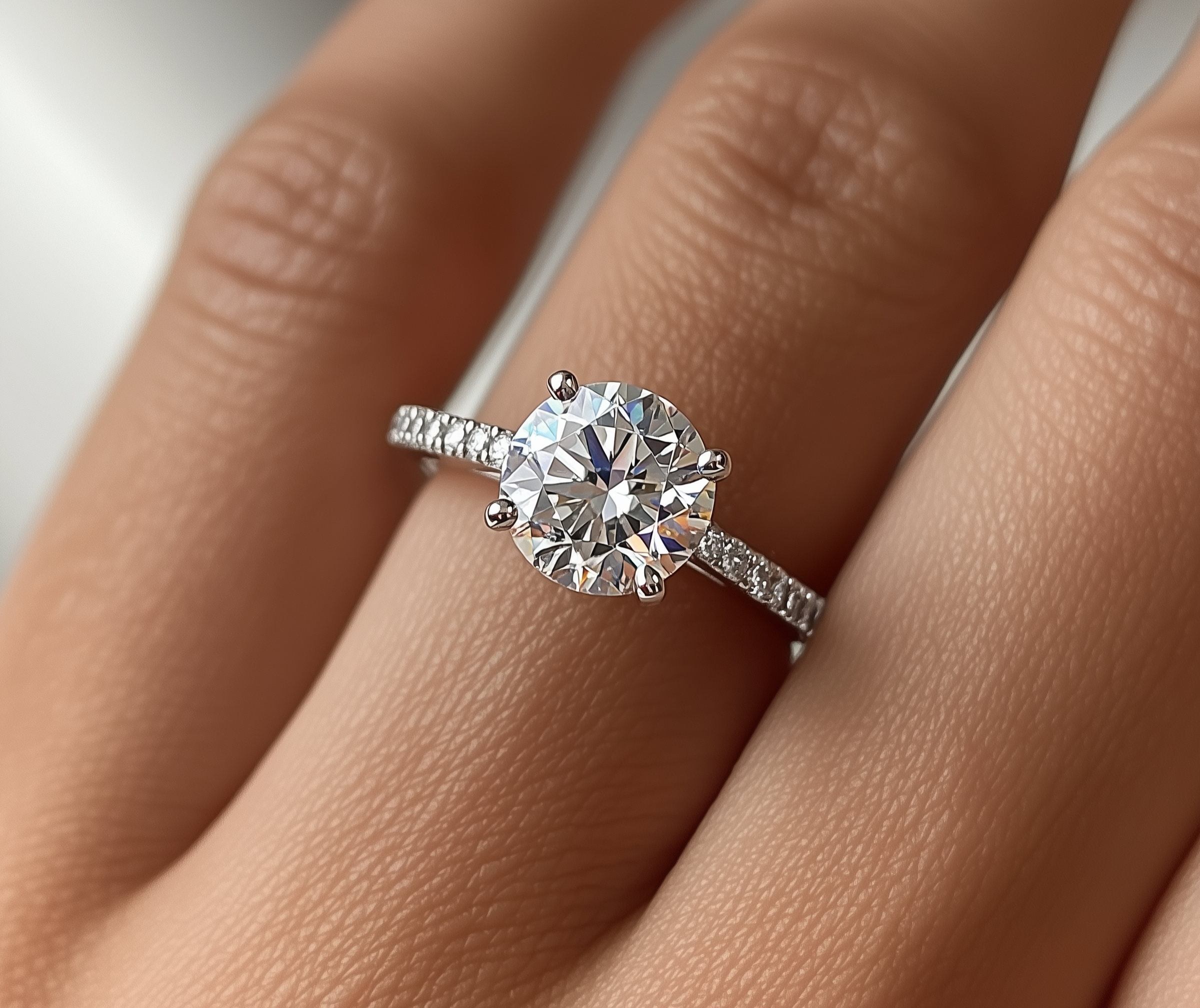 Nahaufnahme eines Fingers mit einem großen Diamantring am Finger, der im Licht funkelt.