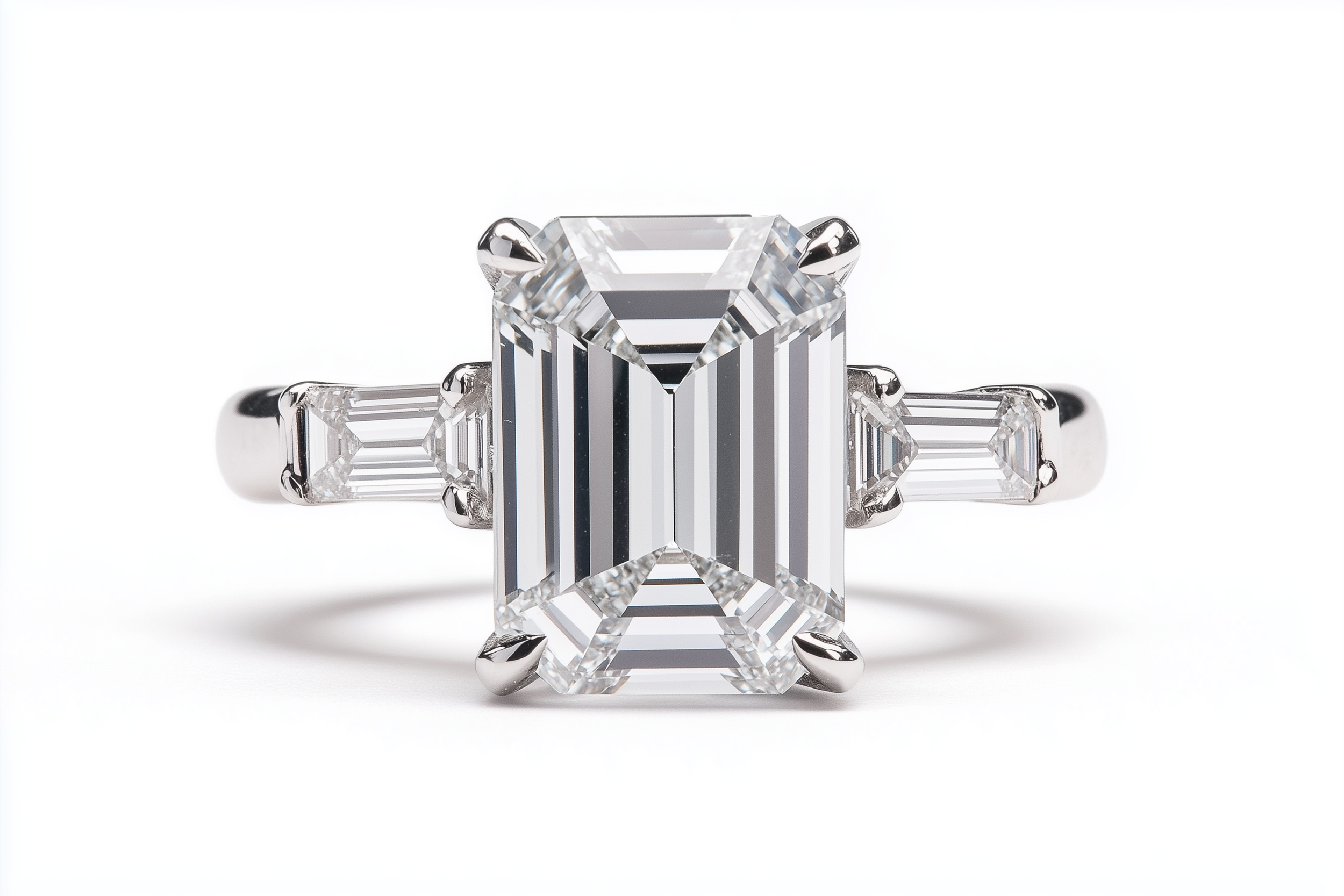 Ein Ring mit einem großen rechteckigen diamanten, flankiert von zwei kleineren rechteckigen Diamanten. Der Ring besteht aus silberfarbenem Metall.