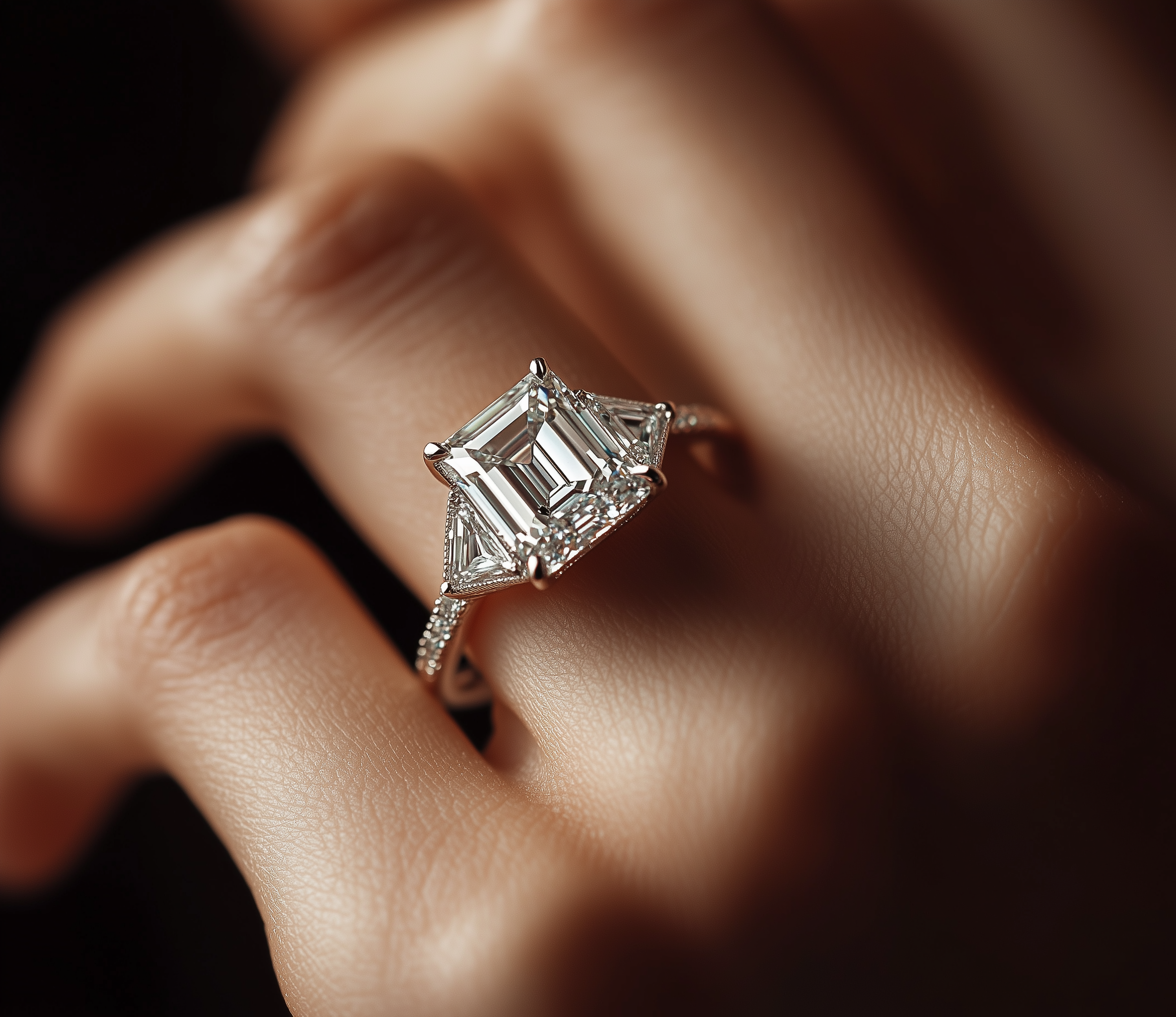 Nahaufnahme eines großen Diamants, das an einem Finger getragen wird, mit einem dunklen, unscharfen Hintergrund.