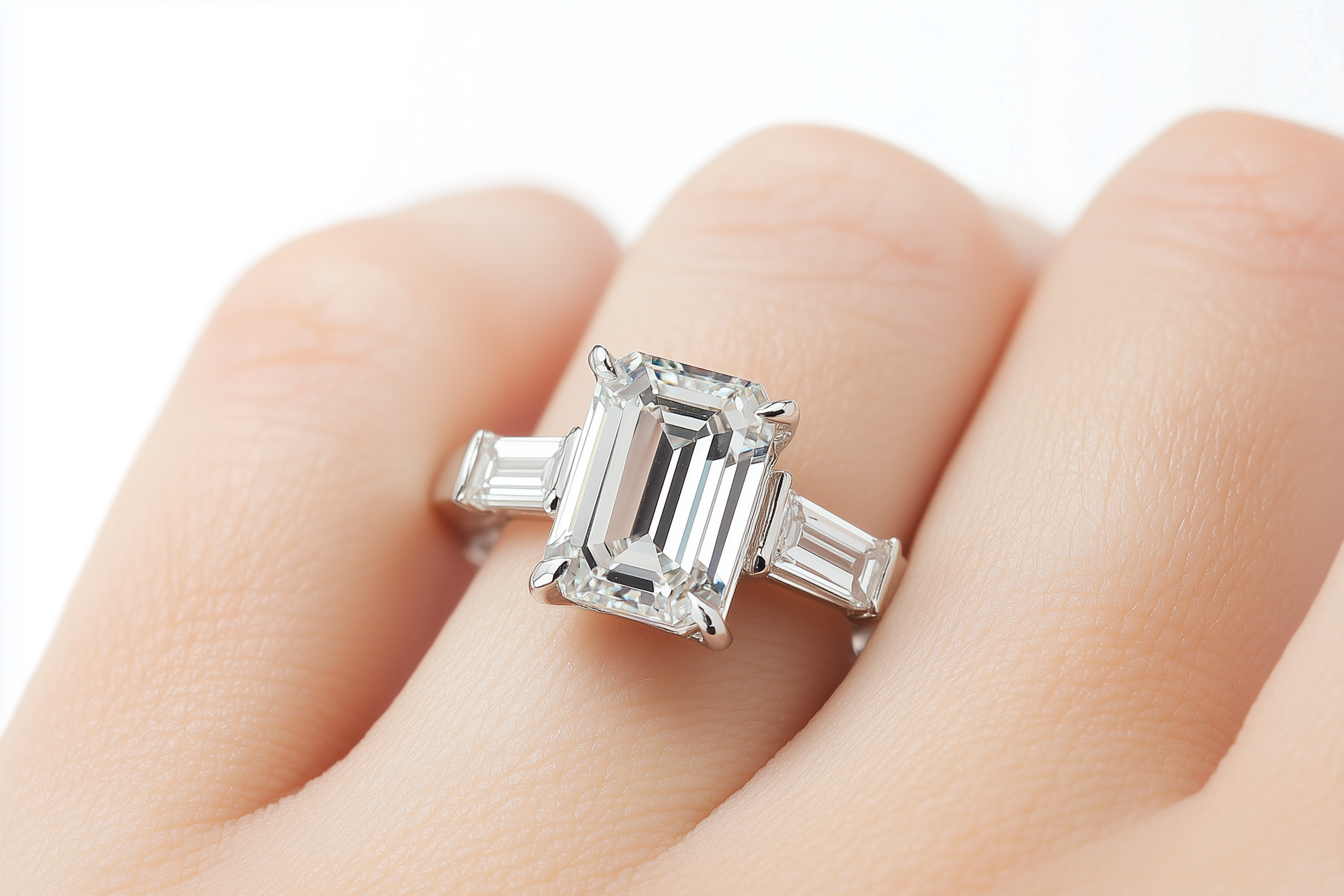 Nahaufnahme eines Fingers mit einem großen Diamantring, der ein rechteckiges, klar geschliffenes Diamanten als Mittelpunkt hat, umgeben von kleineren Cut-Diamanten.