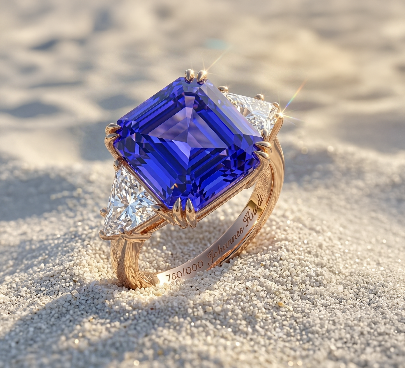 ein Ring mit einem großen, blauen quadratischen Edelstein und zwei kleineren, klaren Edelsteinen, auf Sand liegend, mit Sonnenlichtreflexen